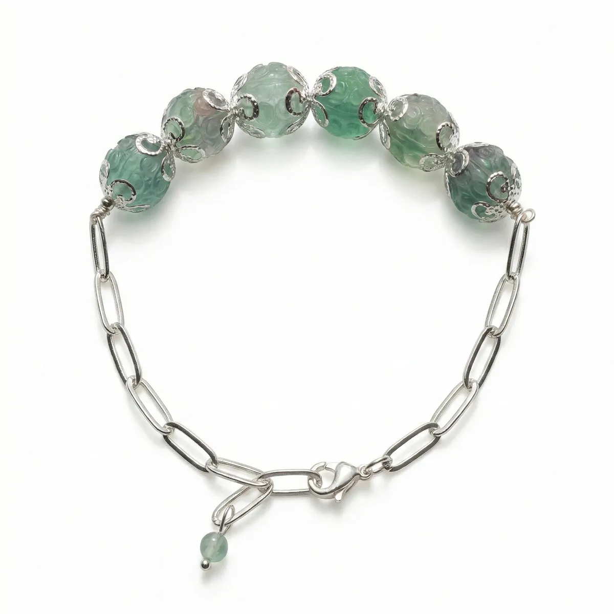 green-fluorite-calm-bracelet-silver-chain-front