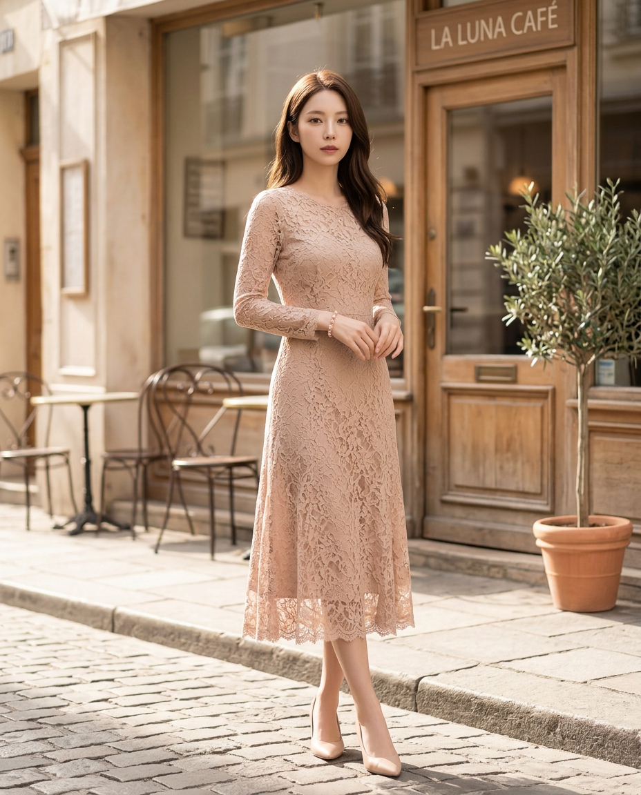 穿著裸粉色蕾絲連身洋裝與裸色高跟鞋的女性模特兒,站在咖啡店門口呈現優雅自然的時尚穿搭氛圍