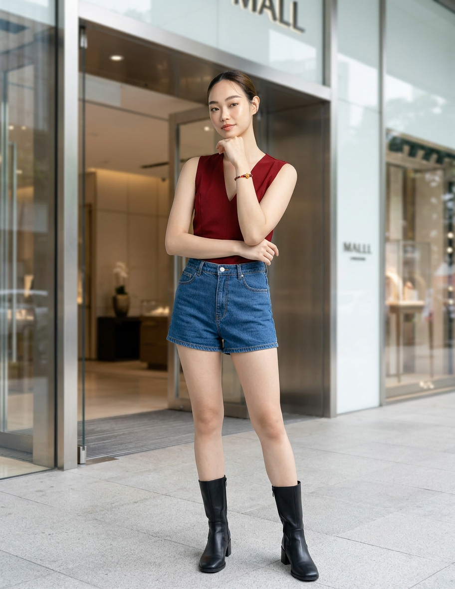 穿著酒紅色無袖上衣、藍色短牛仔褲與黑色半筒靴的女子站在百貨公司門口展示紅色手鍊全身穿搭照