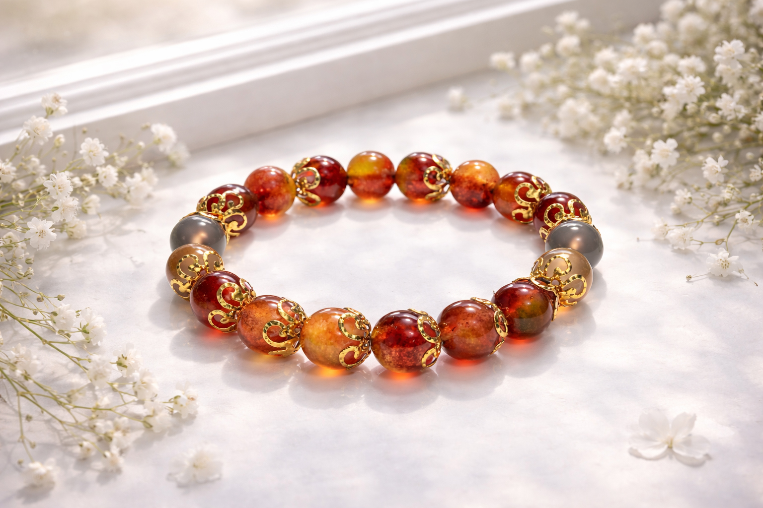 西瓜碧璽灰煙石晶透手鍊情境展示圖,擺放於窗邊花景中,呈現柔美沉穩的配戴氛圍