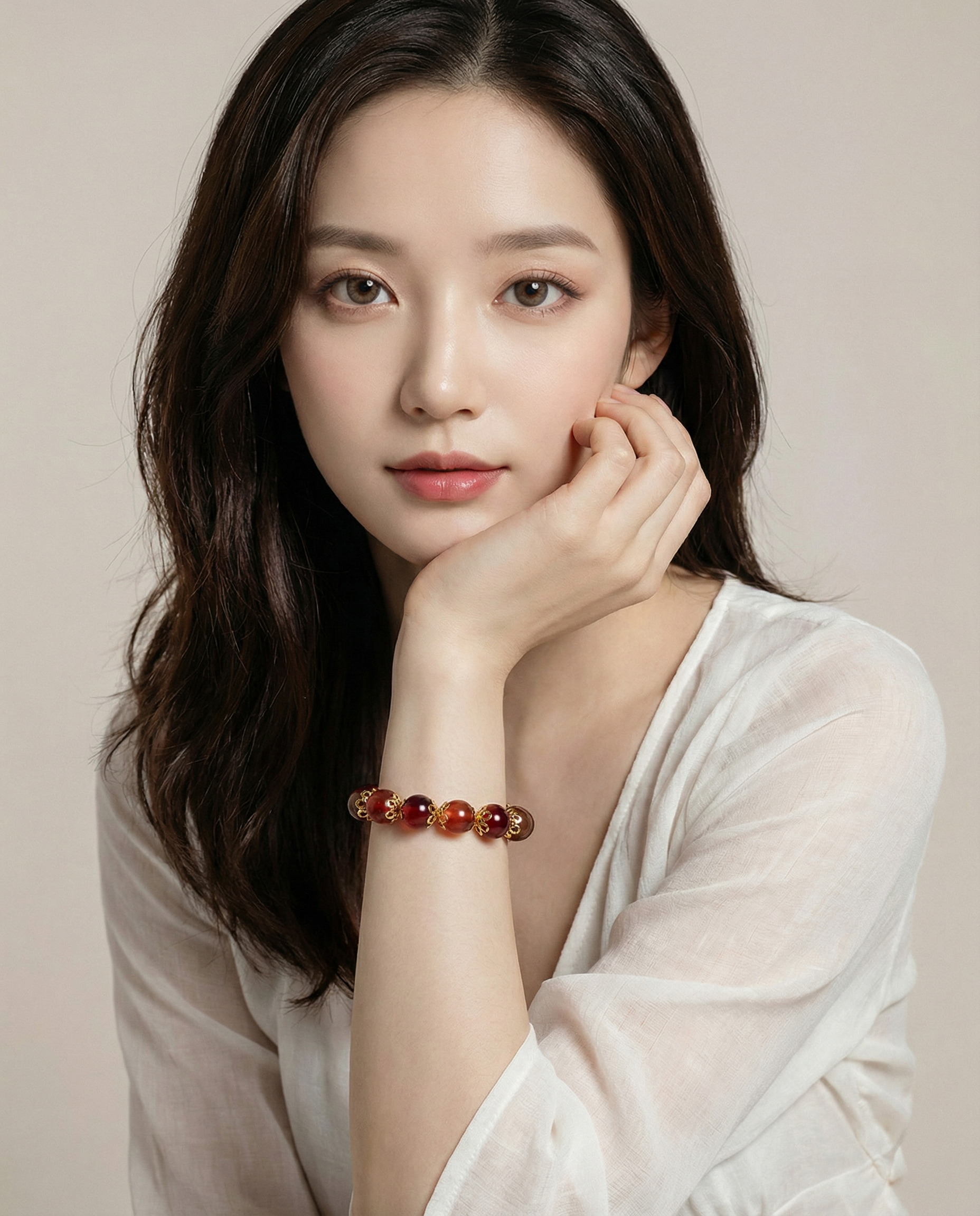 模特兒配戴西瓜碧璽灰煙石晶透手鍊展示圖,襯托紅粉晶石與金色配件的溫柔質感