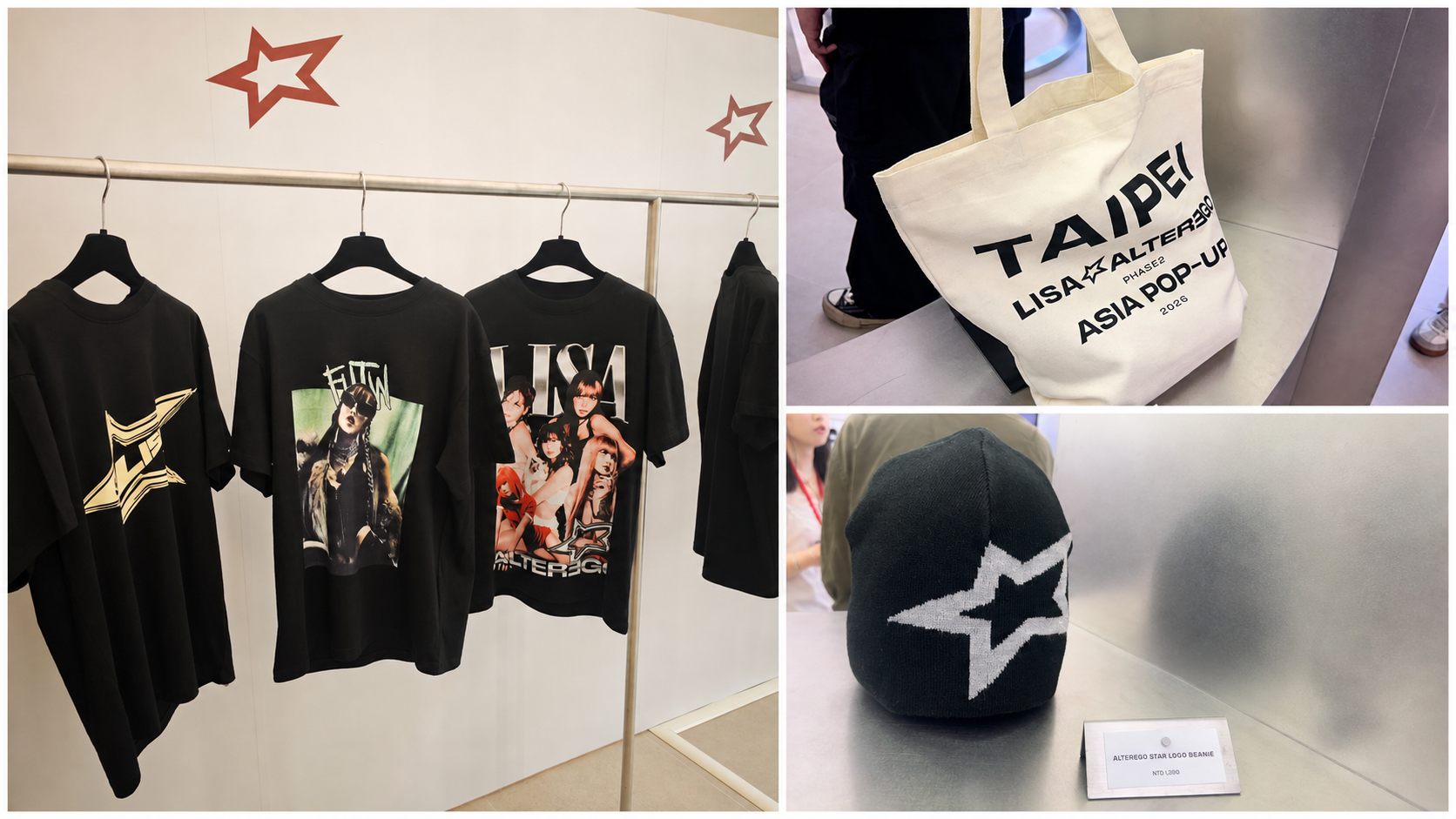 LISA 台北快閃店周邊合圖：包含多款圖像 T-shirt、TAIPEI 限定款托特包與黑白星星標誌毛帽。