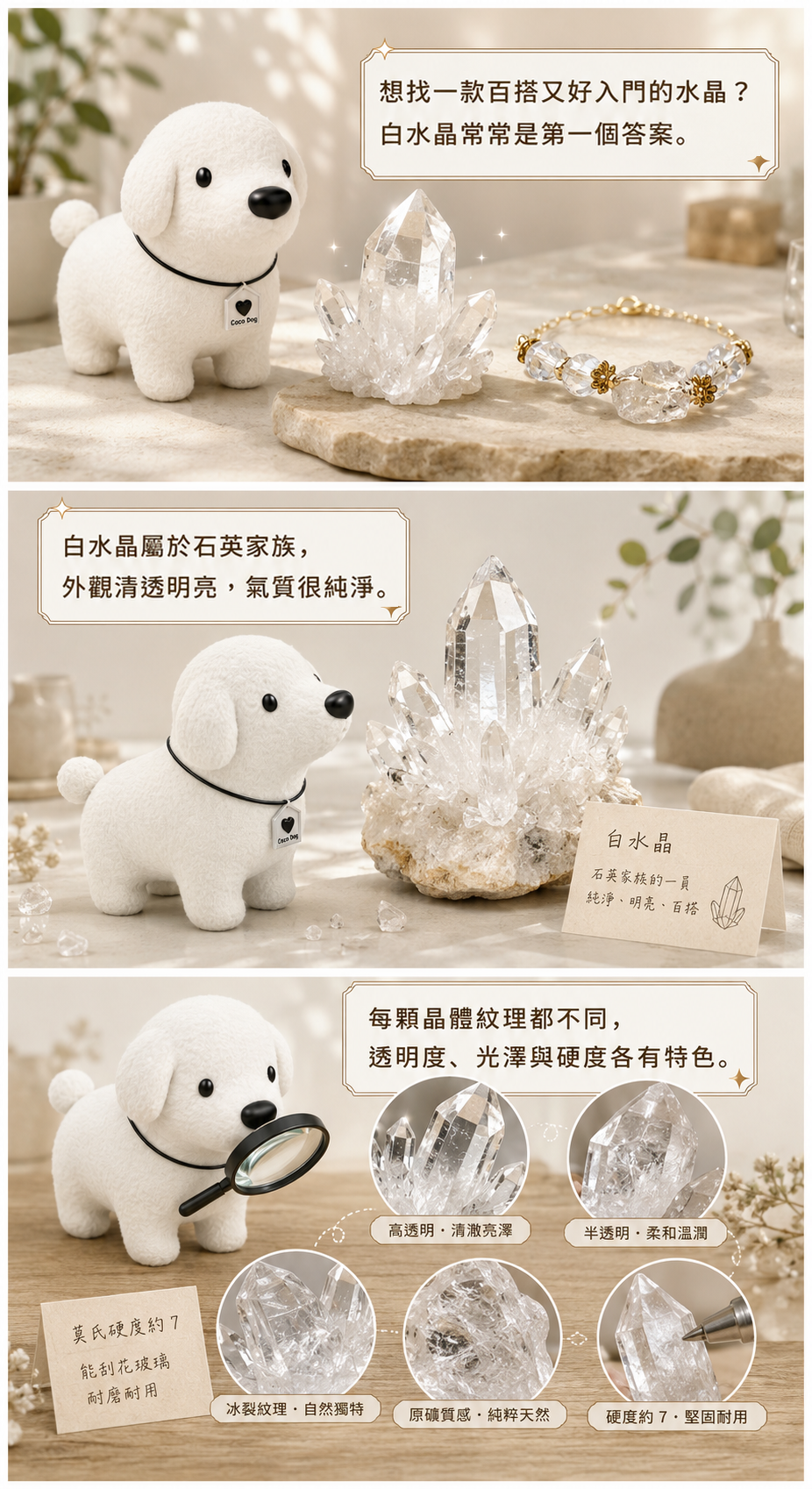 白水晶知識介紹白水晶屬於石英家族,外觀透明或半透明,帶有自然清透感。