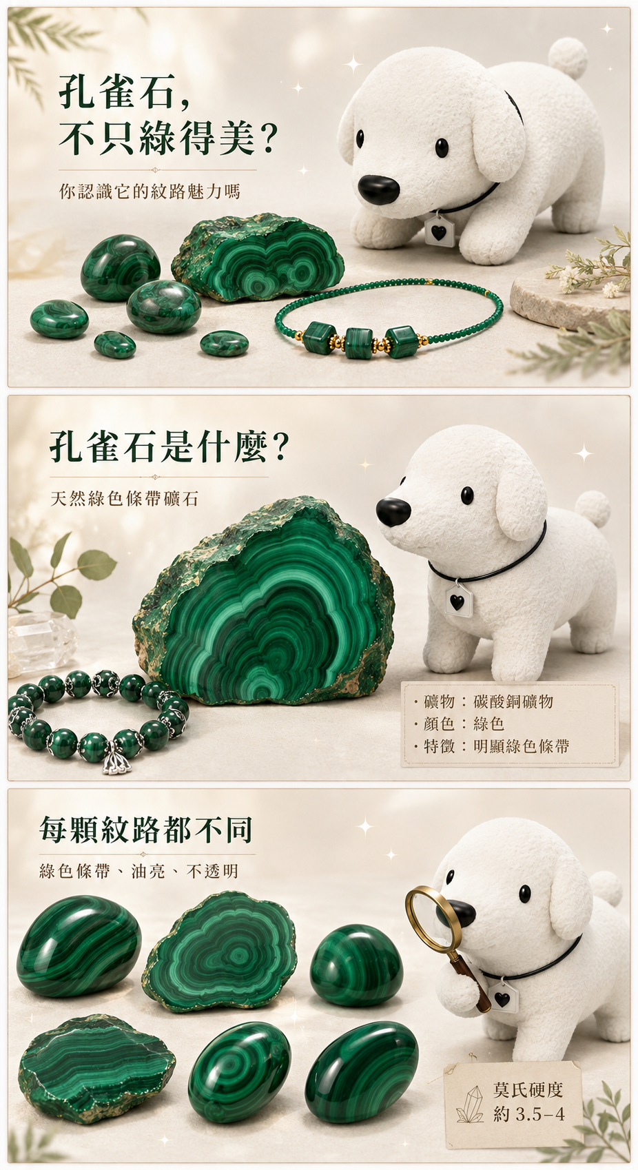 孔雀石水晶知識圖,Cocodog 白色小狗觀察綠色孔雀石原礦、拋光石與孔雀石項鍊,展示天然綠色條帶、油亮質感與不透明特色。