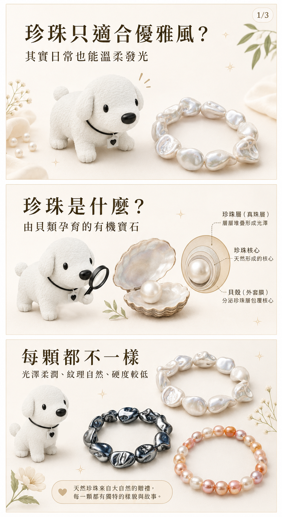 Cocodog 白色小狗觀察珍珠手鍊,介紹珍珠是由貝類孕育的有機寶石,呈現白色、黑色與粉橘色珍珠的自然光澤與不規則紋理。
