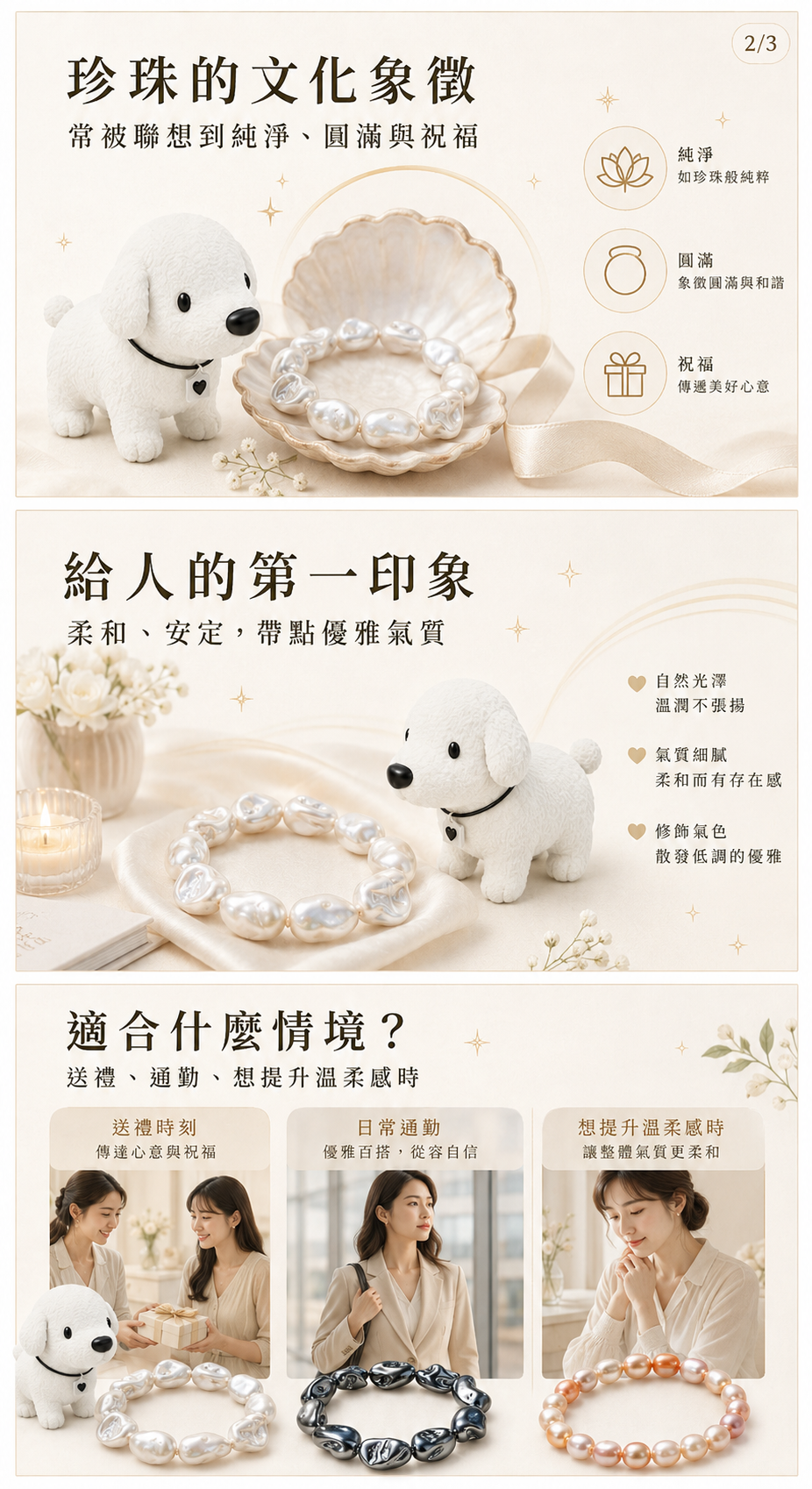 Cocodog 珍珠知識漫畫解說圖,說明珍珠象徵純淨、圓滿與祝福,並以送禮、通勤與提升溫柔感等生活情境呈現珍珠飾品的適合場合。