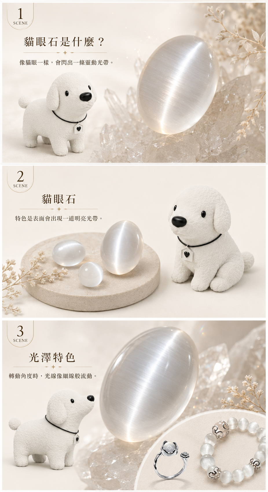 貓眼石是什麼解說圖,Cocodog 白色小狗看向帶有明亮貓眼光帶的白色貓眼石,呈現貓眼石光澤特色與水晶質感。