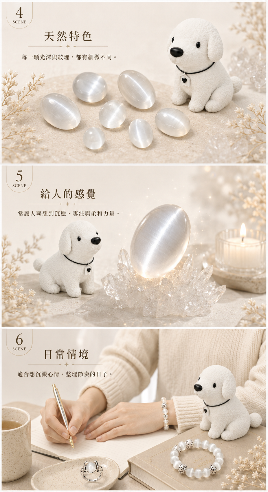 貓眼石天然特色解說圖,Cocodog 白色小狗陪伴多顆白色貓眼石,展示每顆水晶不同的光澤、紋理與日常沉澱情境。