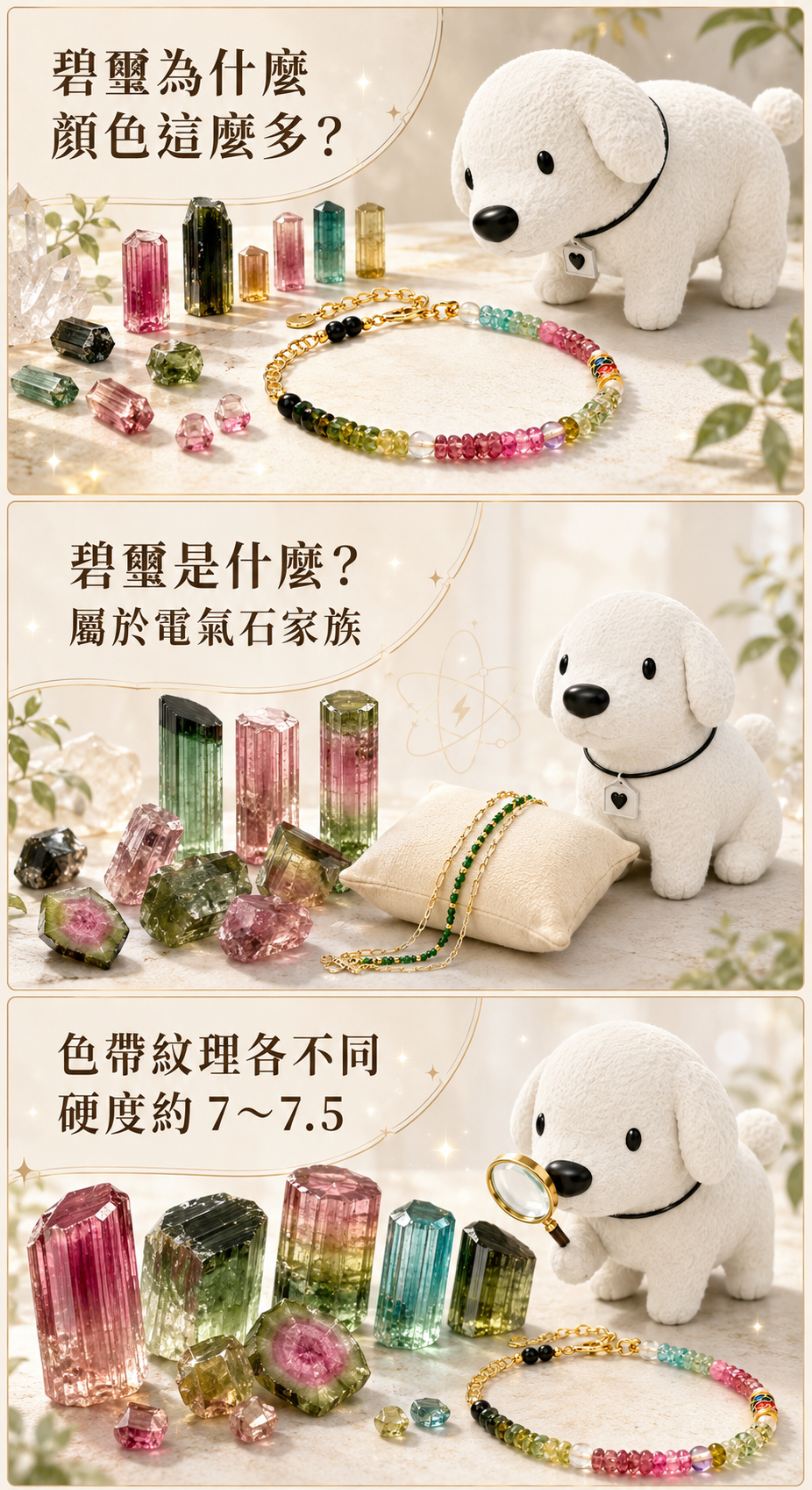 Cocodog 白色小狗搭配碧璽手鍊與多色碧璽原石,介紹碧璽為何有多種顏色、屬於電氣石家族,以及不同色帶紋理與硬度特性。