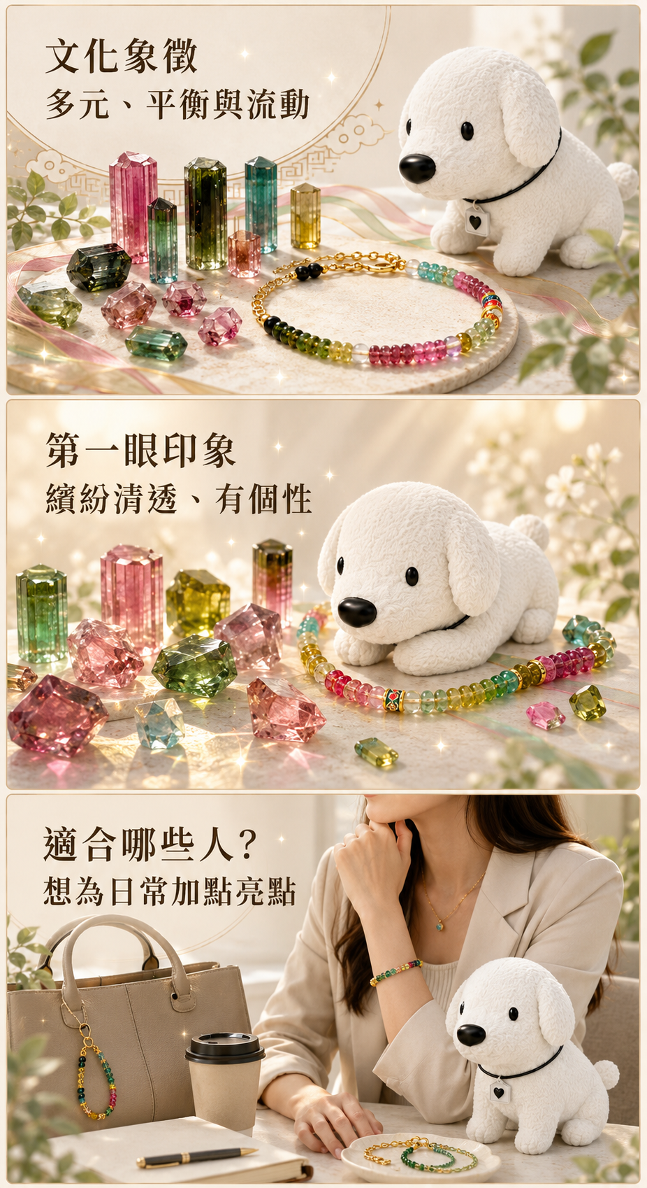 Cocodog 白色小狗搭配多色碧璽原石與碧璽飾品,說明碧璽的文化象徵、第一眼印象,以及適合想為日常穿搭增添亮點的人。