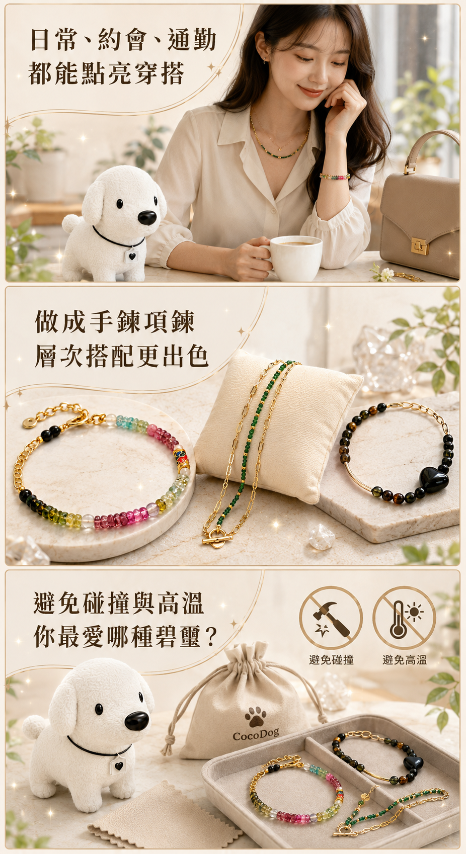 Cocodog 白色小狗、女性配戴示範與碧璽手鍊項鍊展示,呈現碧璽適合日常、約會與通勤穿搭,並提醒避免碰撞與高溫的保養方式。