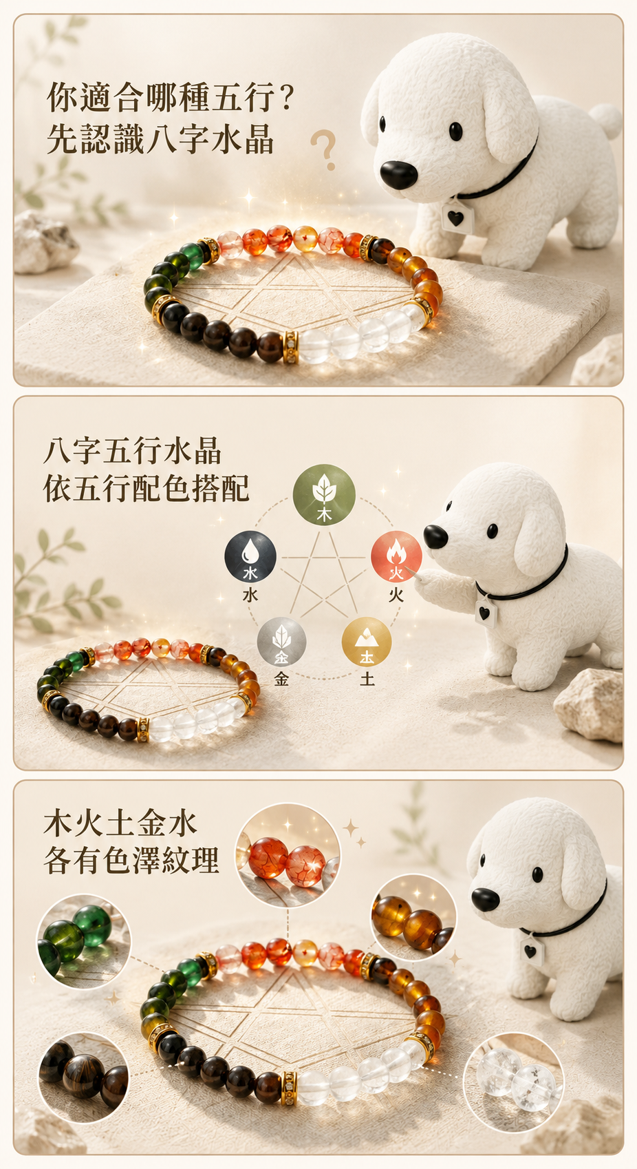 Cocodog 白色小狗與八字五行水晶手鍊解說圖第一頁,介紹八字五行水晶概念、木火土金水五行配色,以及不同珠子的色澤、紋理與光澤特寫。