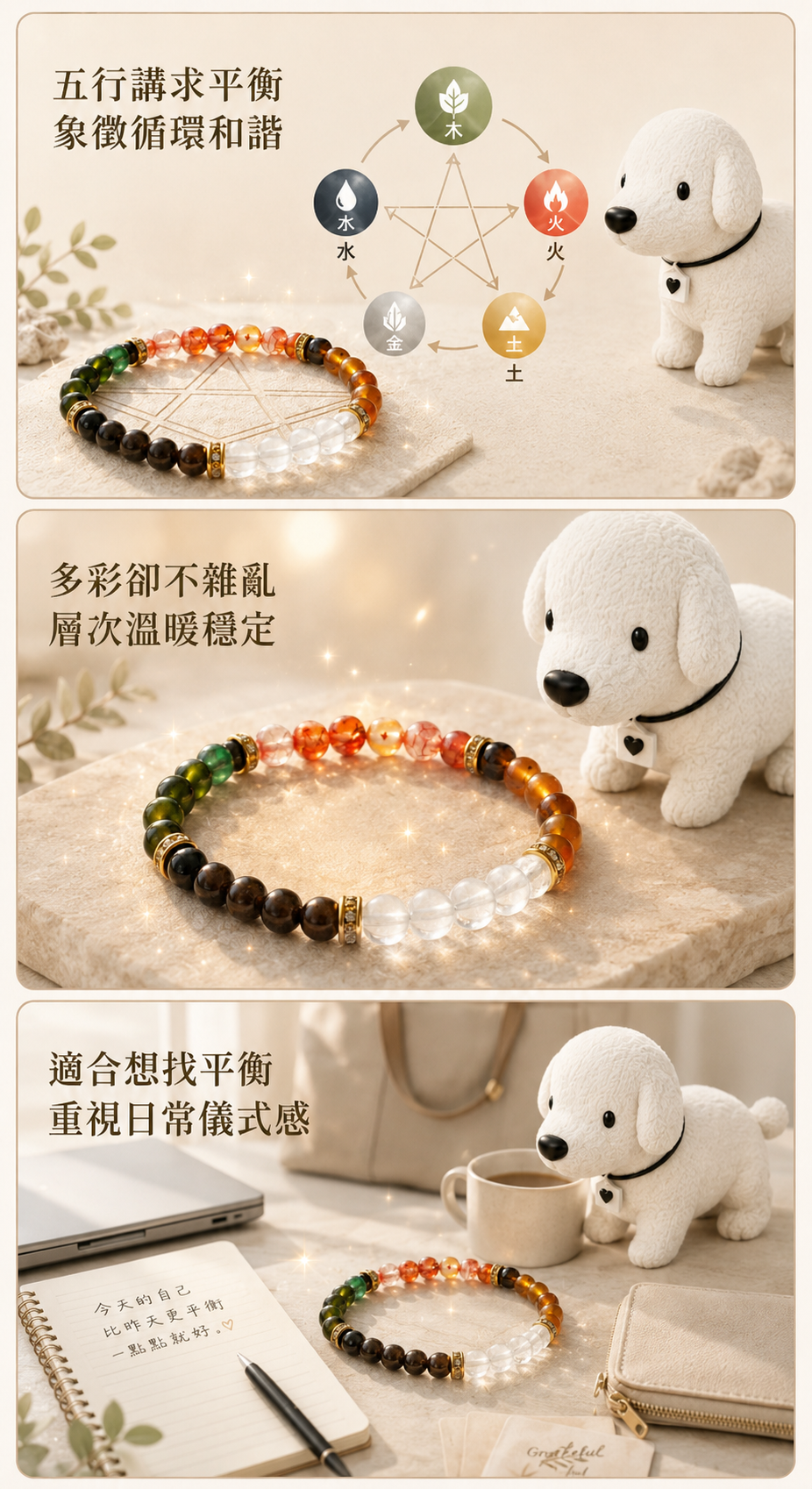 Cocodog 白色小狗與八字五行水晶手鍊解說圖第二頁,說明五行講求平衡與循環和諧,呈現手鍊多彩但不雜亂的層次感,並介紹適合重視日常儀式感與平衡感的人。