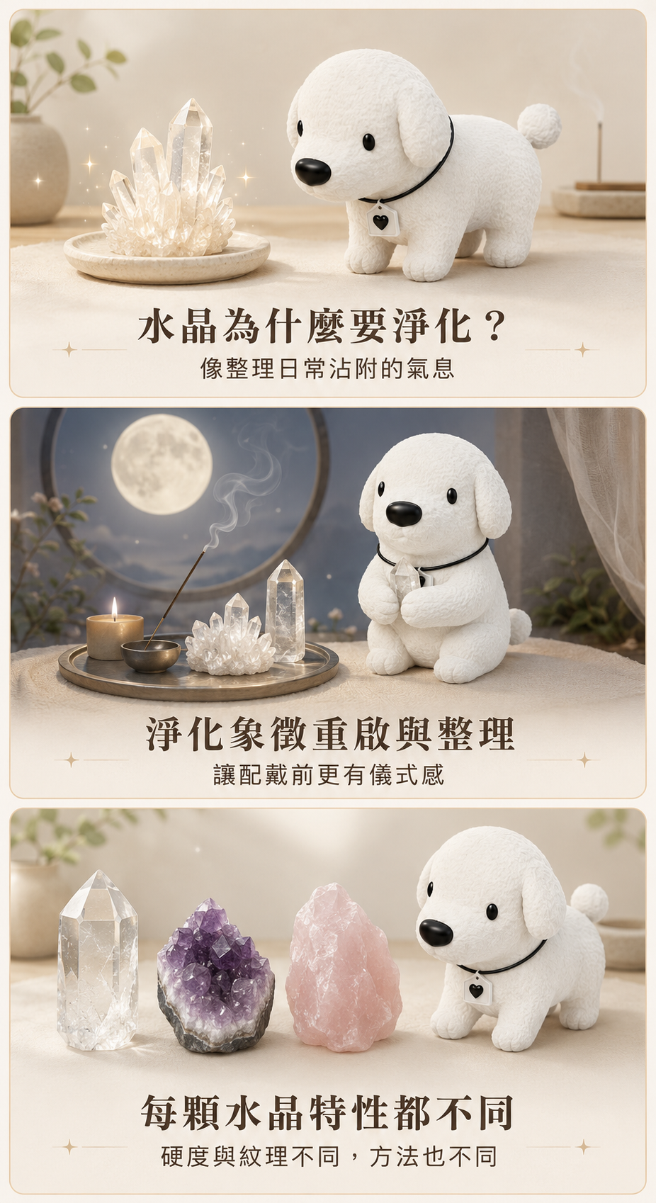 Cocodog 水晶淨化解說圖,介紹水晶為什麼需要淨化、淨化象徵與不同水晶特性