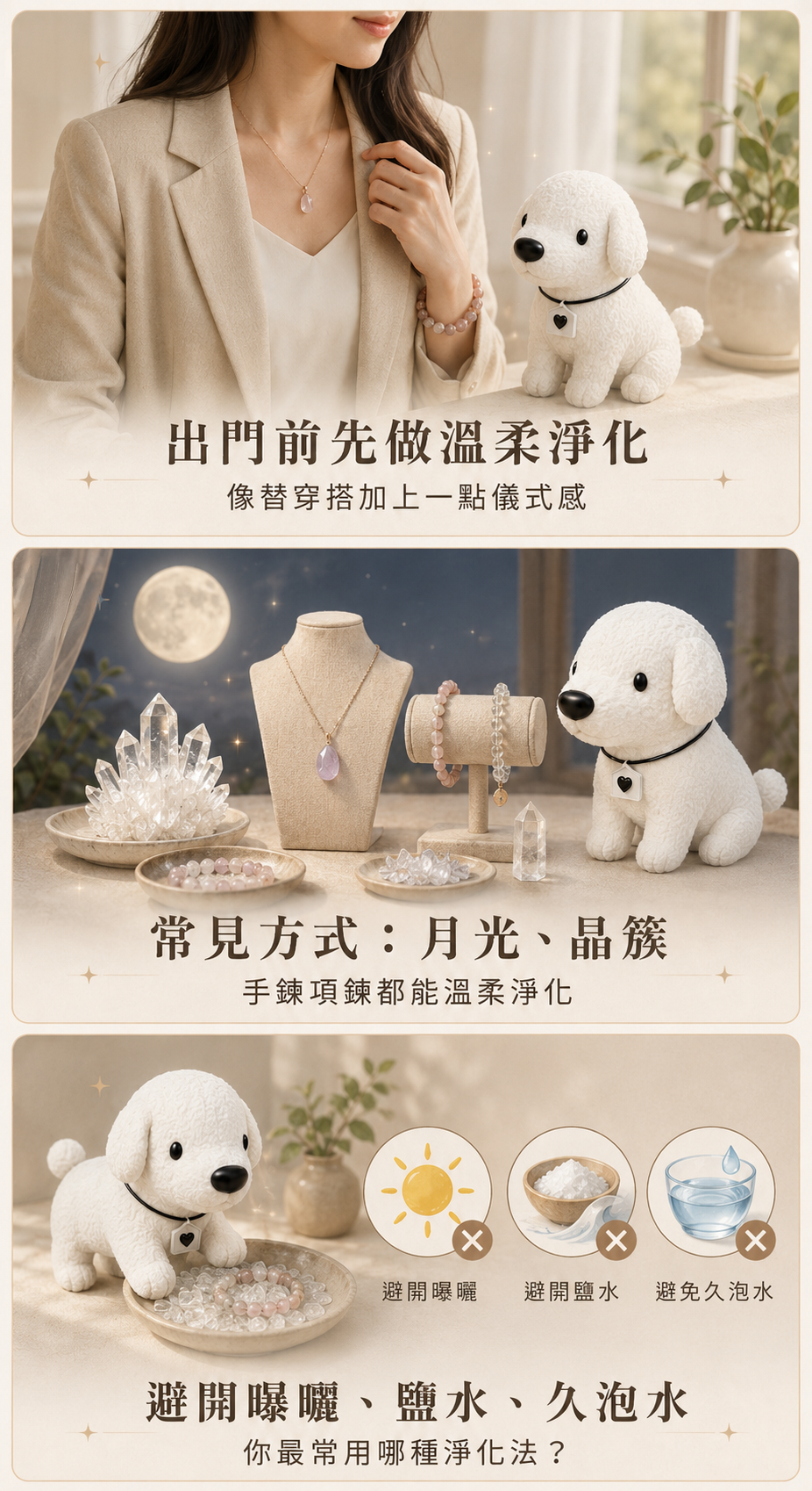 Cocodog 水晶淨化方法與保養圖,介紹月光、晶簇淨化及避免曝曬、鹽水與久泡水