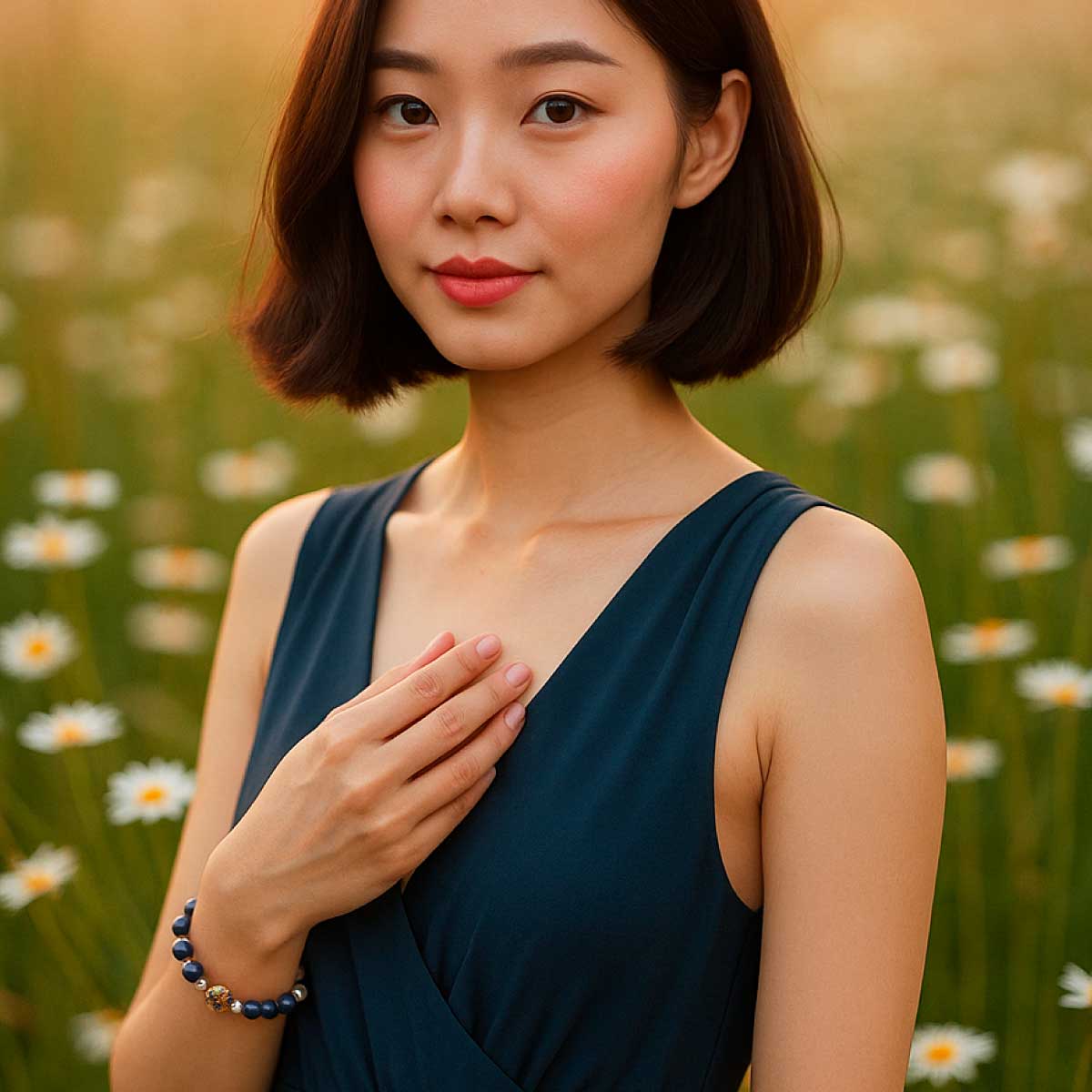 模特兒佩戴青金石景泰藍琺瑯珠手鍊，自然光下展現清透柔和的日常療癒風格