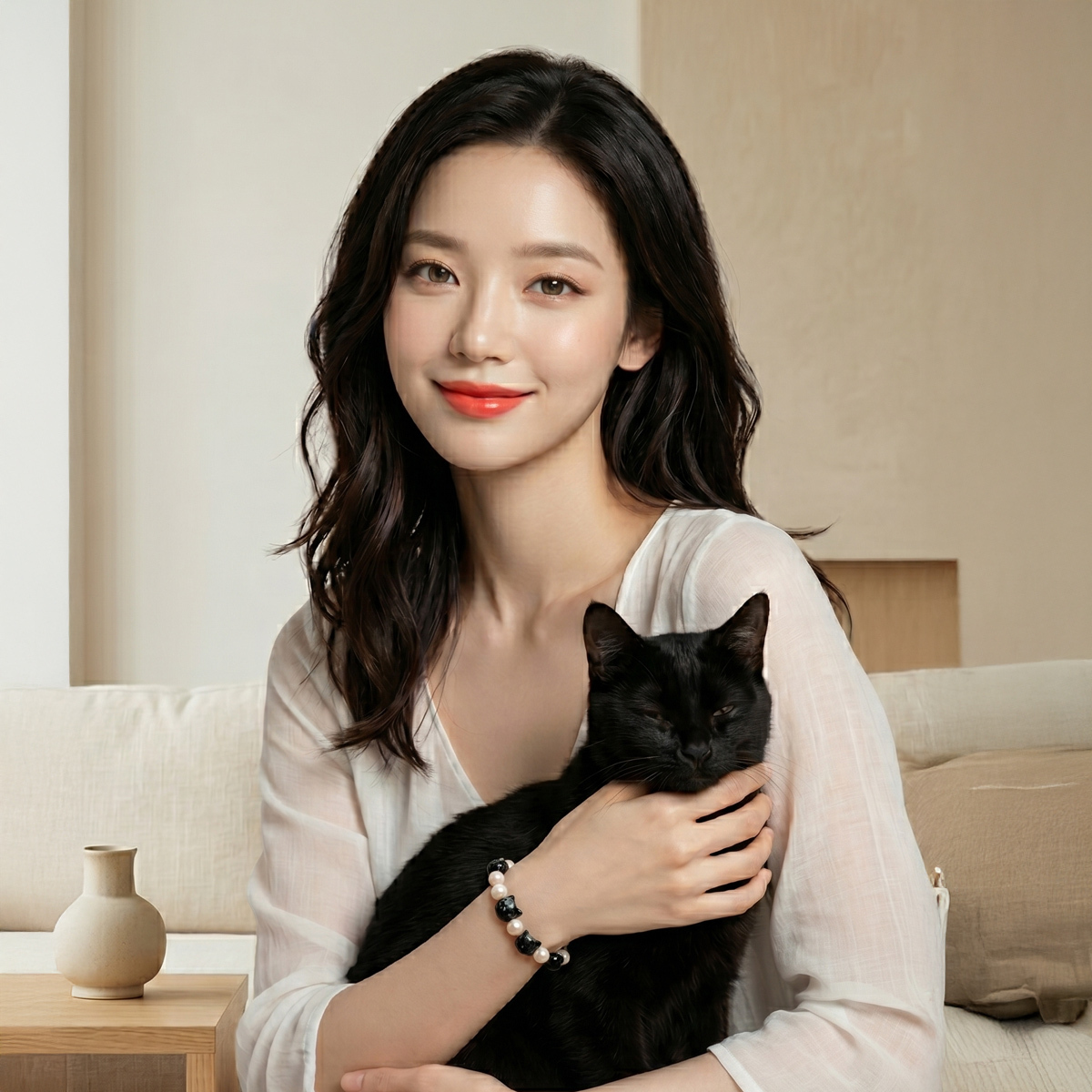white-pearl-black-cat-bracelet-wearmodel