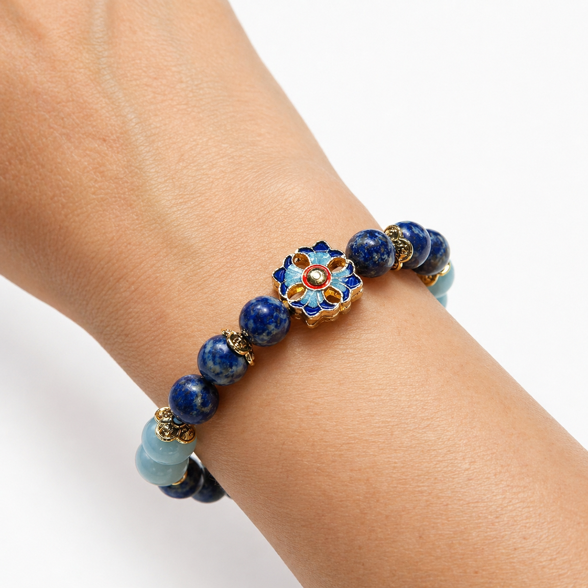 aquamarine-cloisonne-lapis-lazuli-bracelet-wrist-detail