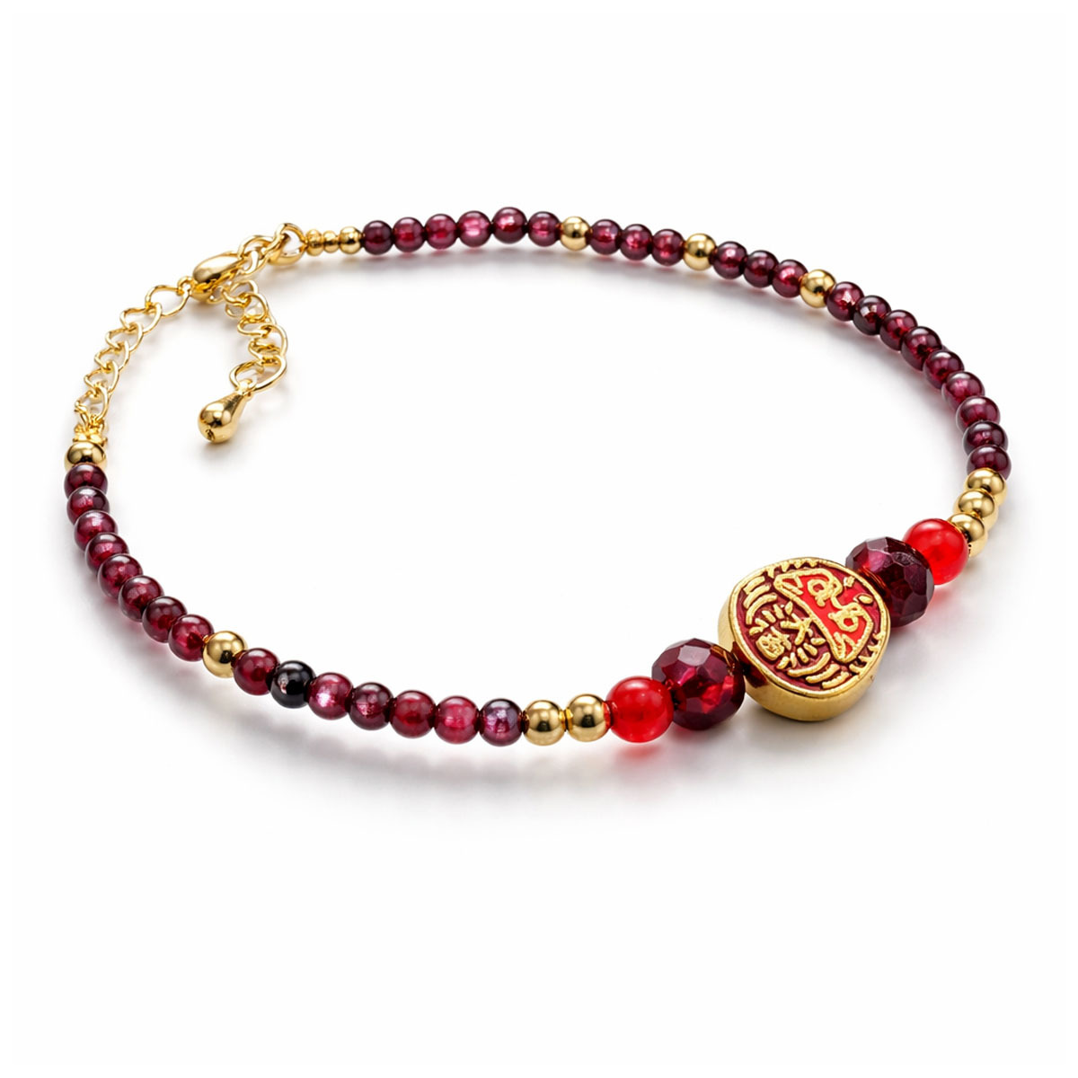 red-garnet-daruma-bracelet-gold-beads-white-background