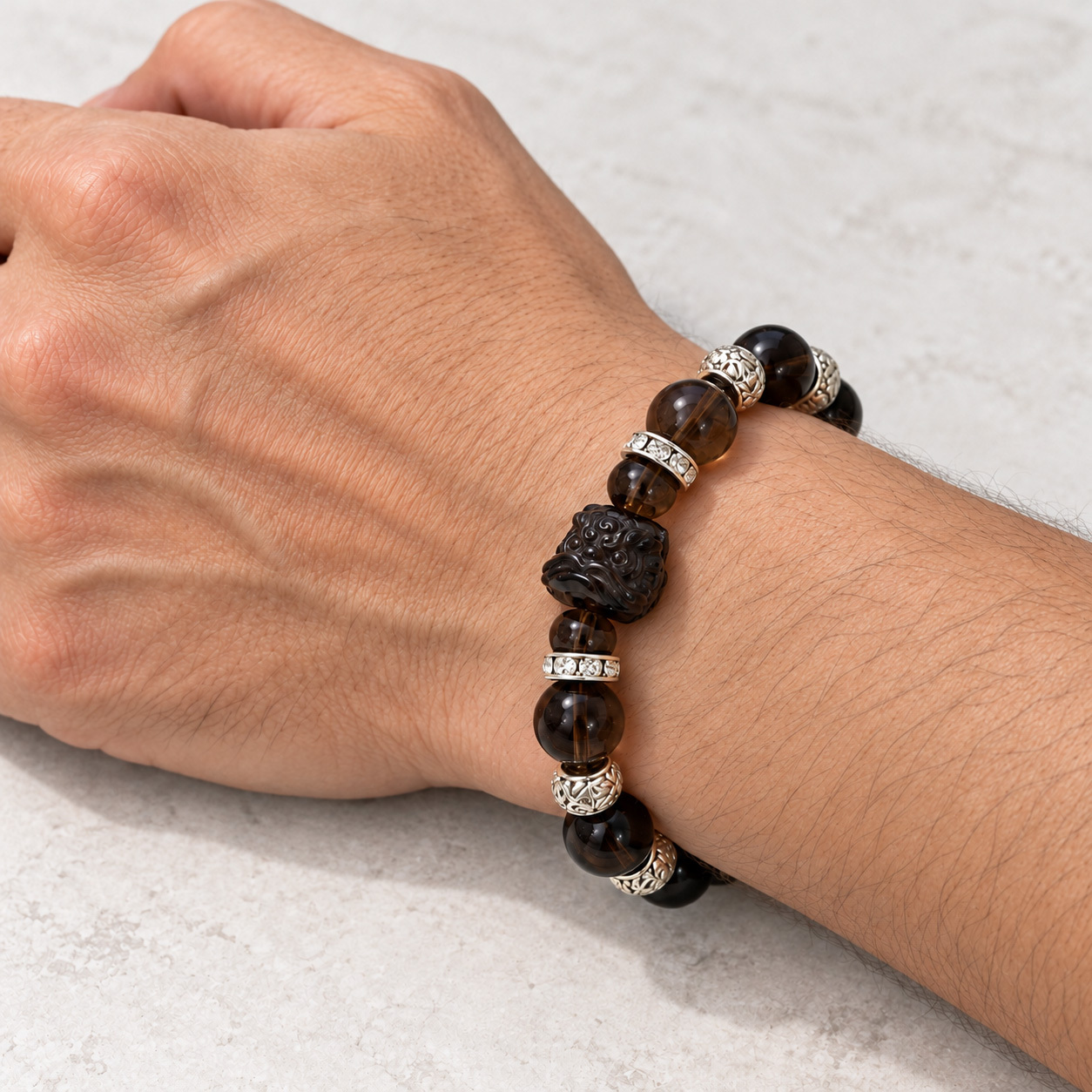cocodog-smoky-quartz-lion-bracelet-on-wrist-model