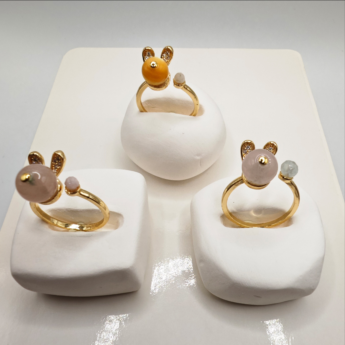 兔子耳朵粉晶開口水晶戒指