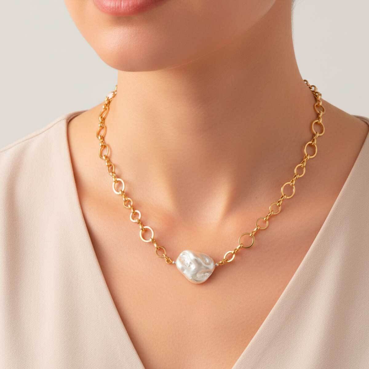 white-pearl-gold-chain-necklace-worn-model