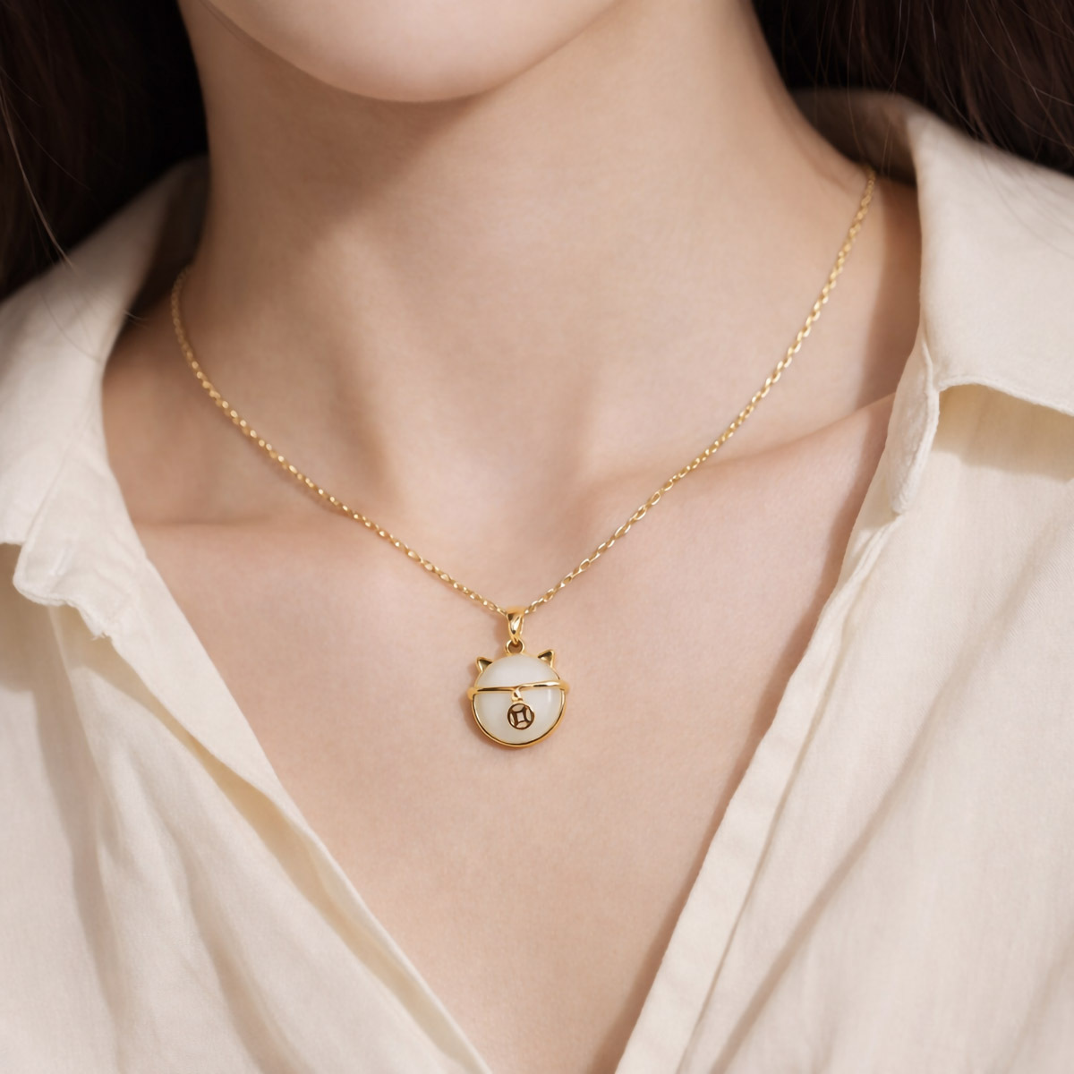 cat-eye-stone-cat-ear-lucky-coin-necklace-wearing-collarbone-2