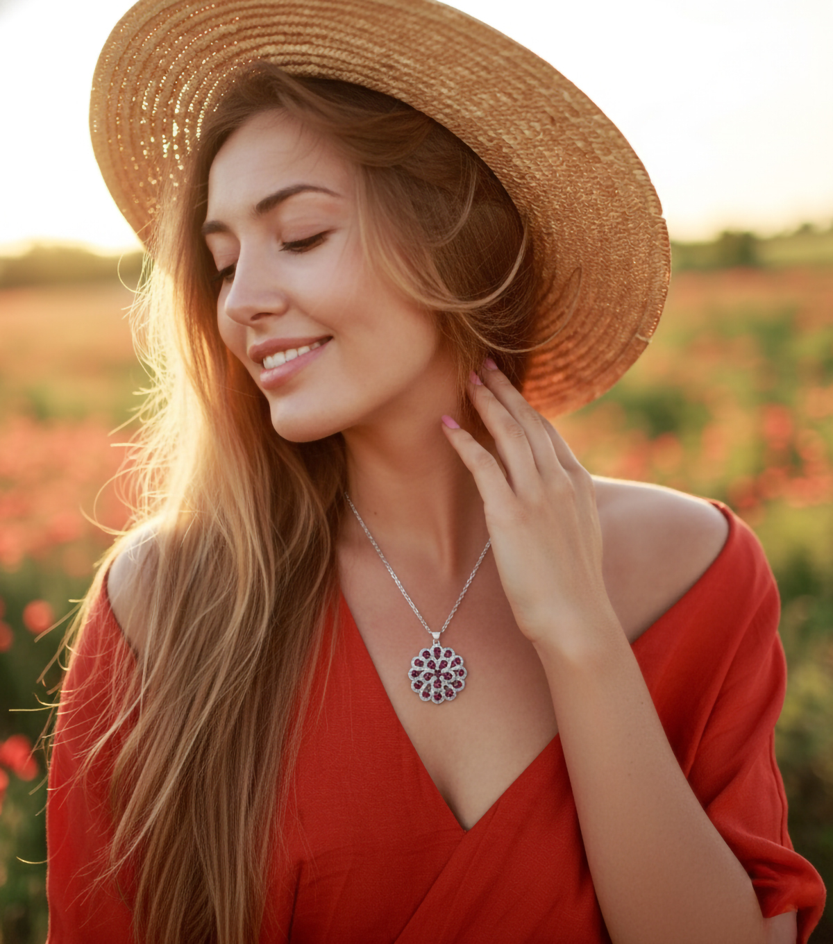 red-garnet-flower-pendant-necklace-woman-wearing-sunset