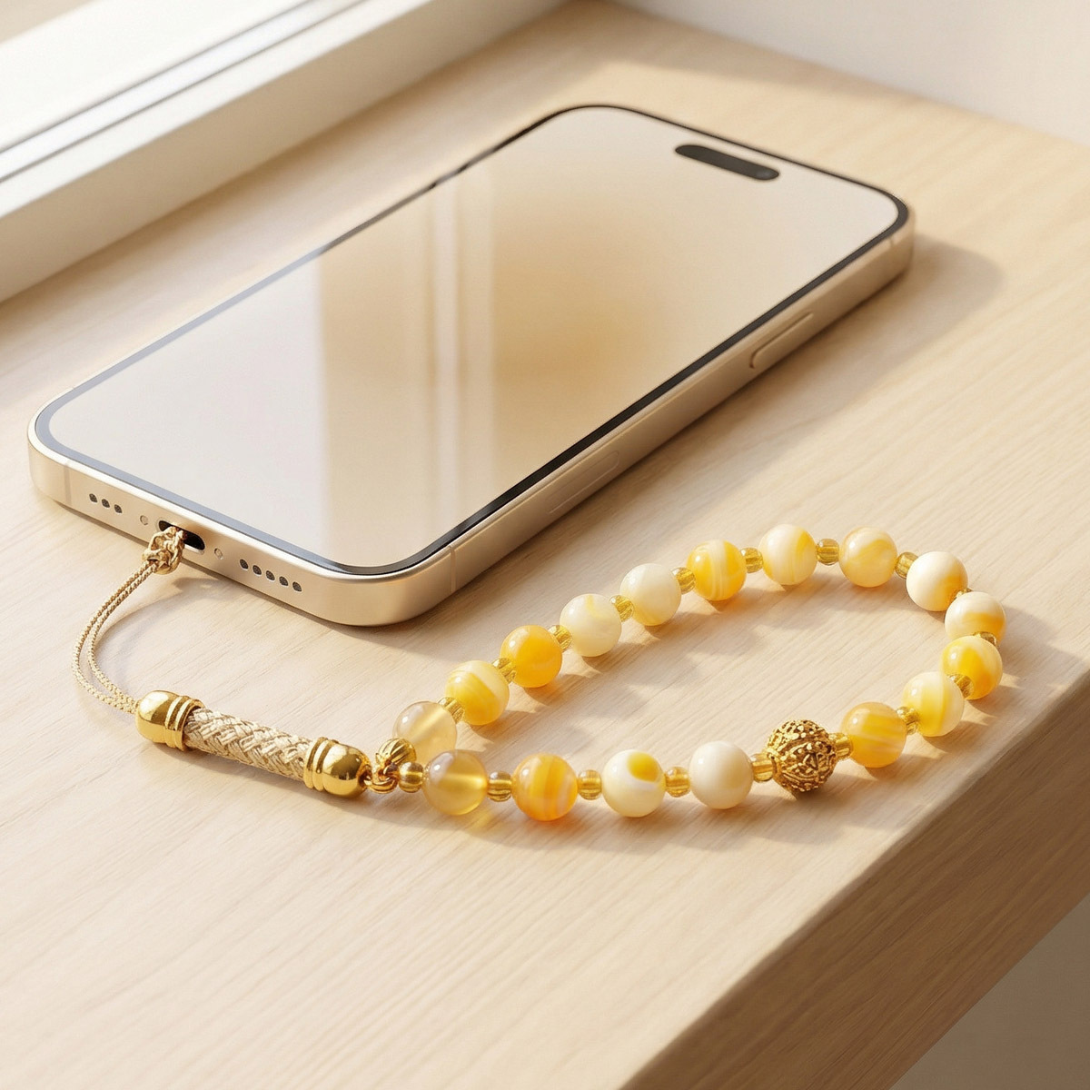 yellow-shell-jade-phone-strap-window-light-lifestyle