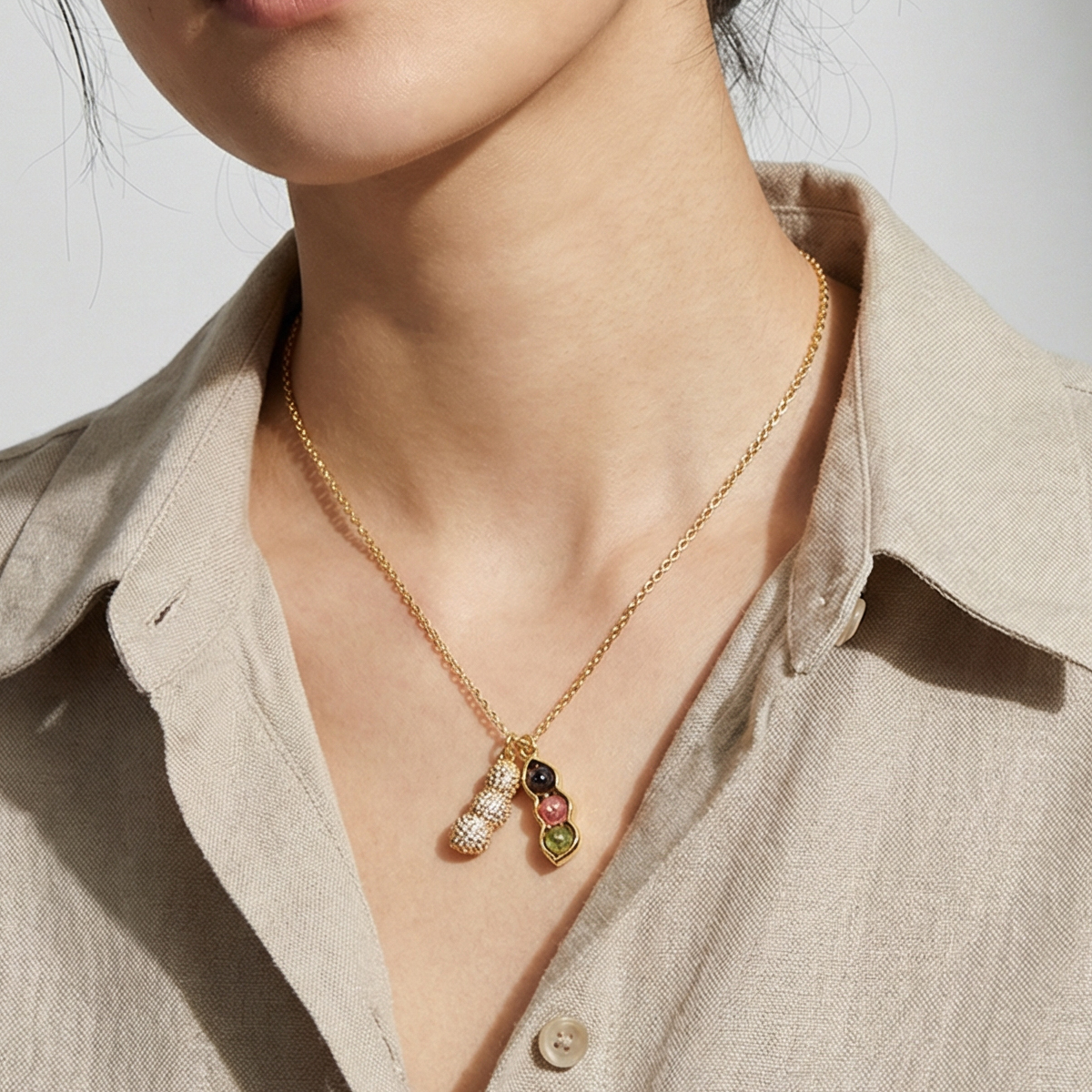 colorful-fluorite-peanut-double-pendant-necklace-single-wearing