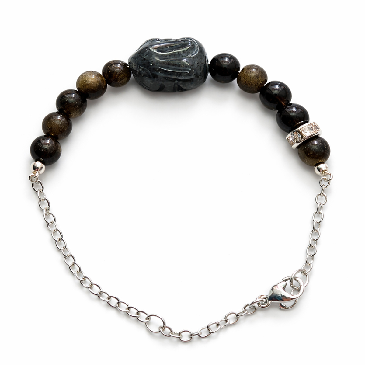 black-obsidian-rabbit-bracelet-silver-chain-front