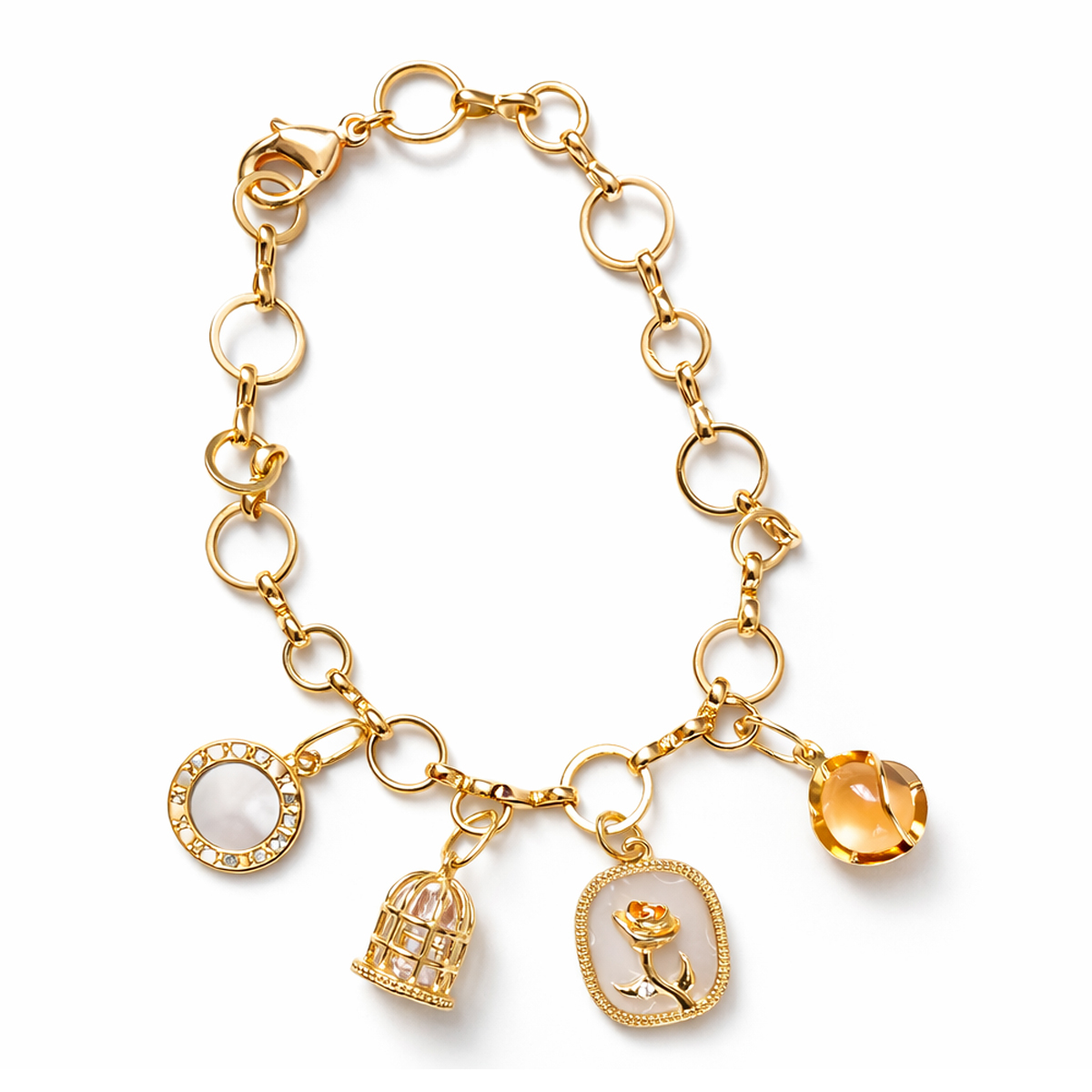 yellow-cats-eye-shell-rose-gold-charm-bracelet-front