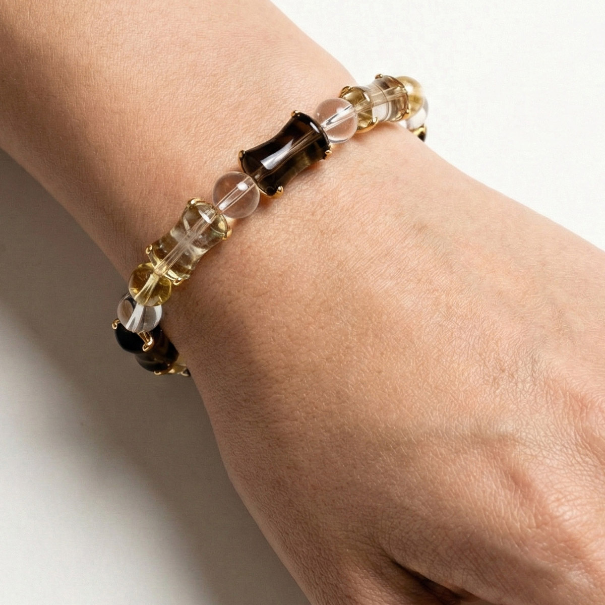 smoky-quartz-bamboo-bracelet-wrist-closeup
