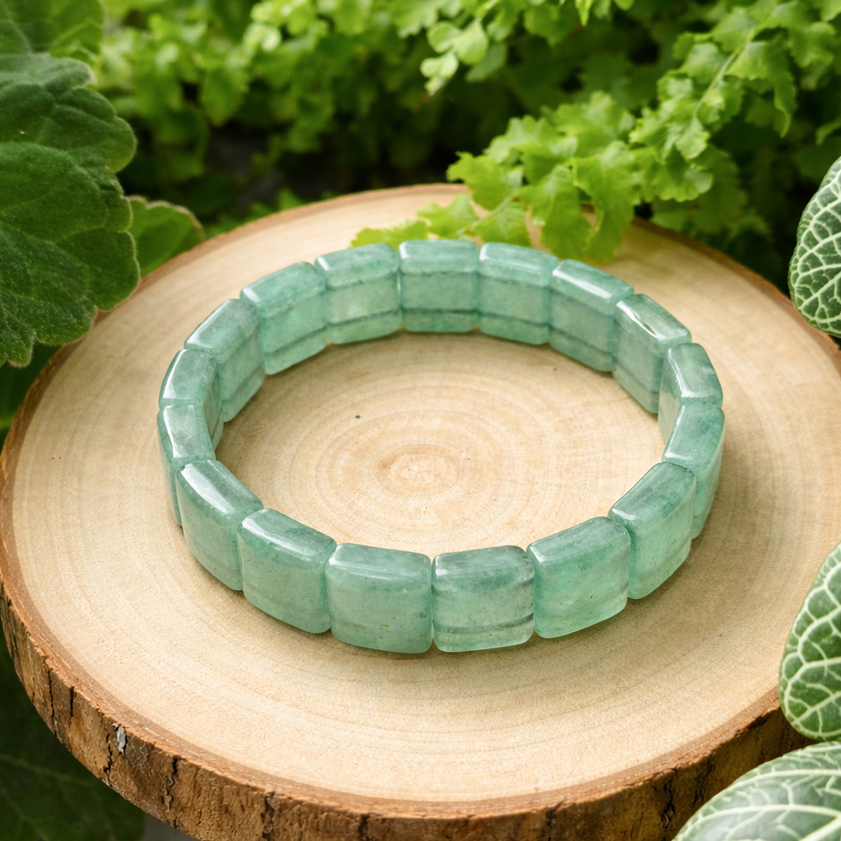 green-strawberry-quartz-square-bracelet-wood-stand-natural-style