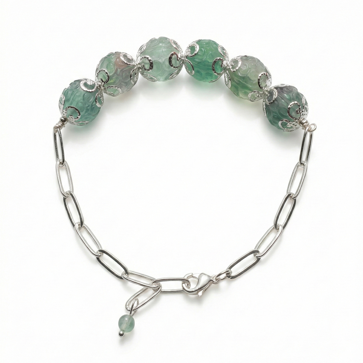 green-fluorite-calm-bracelet-silver-chain-front