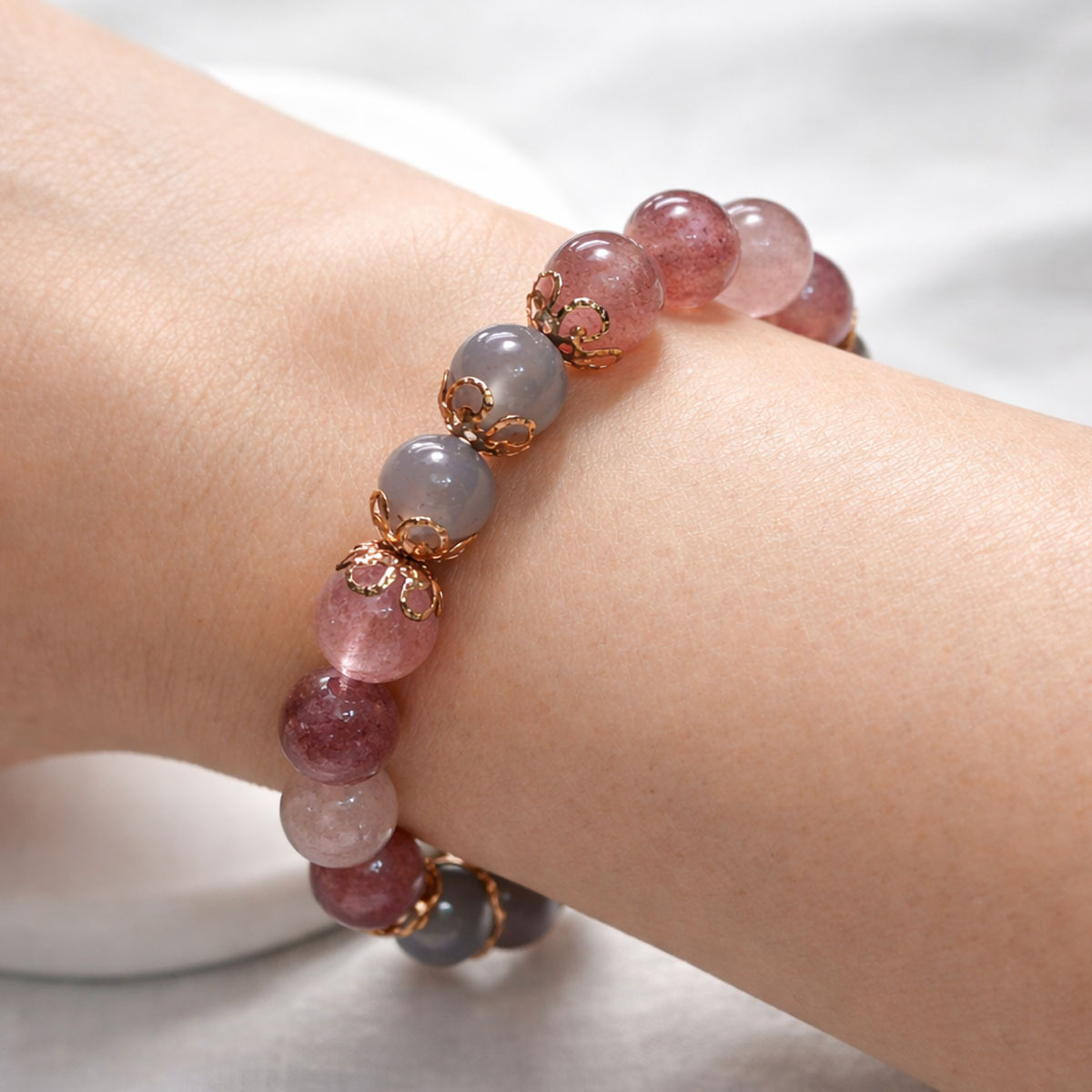 strawberry-smoky-quartz-flower-bracelet-wearing