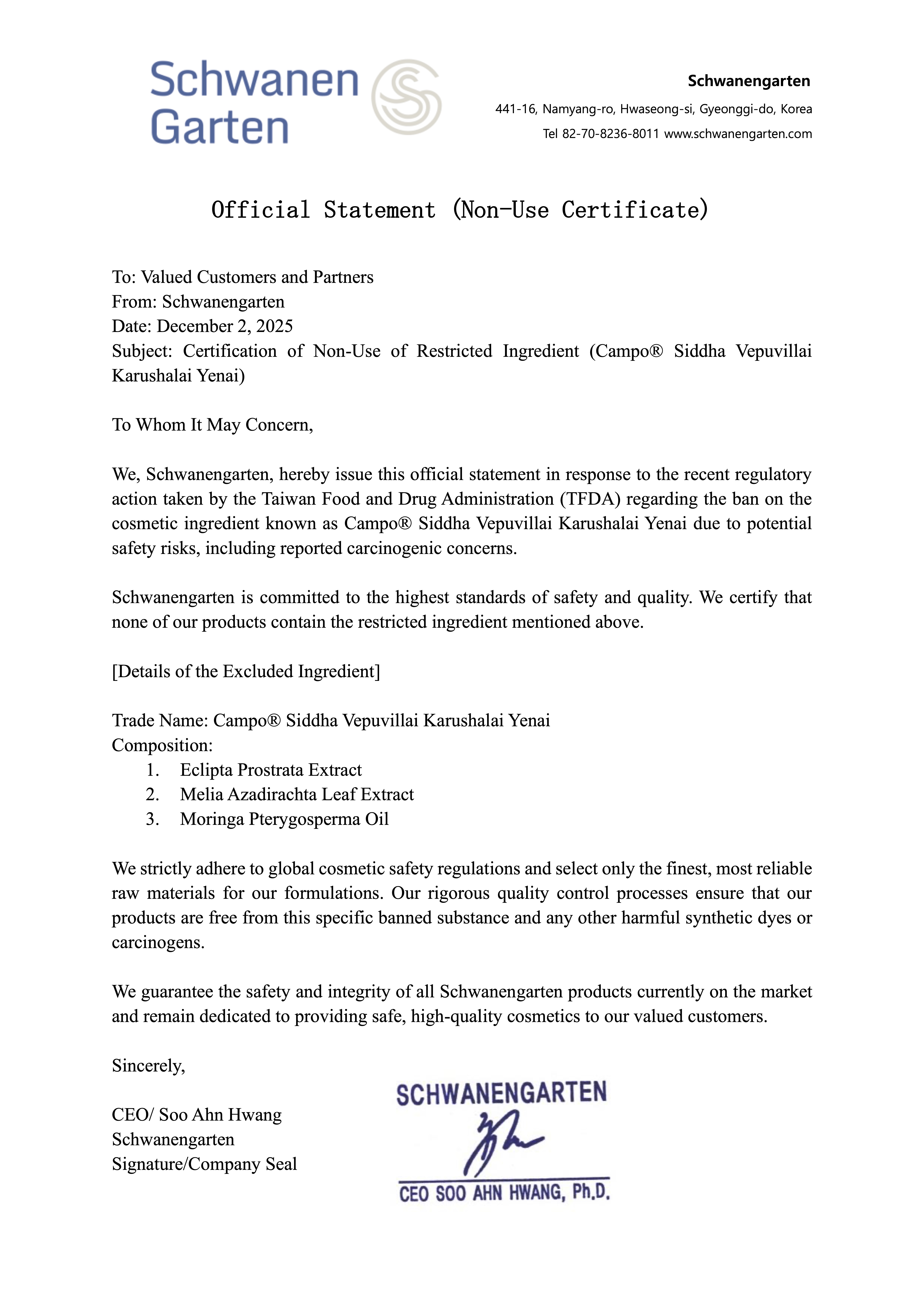 Official Statement (Non-Use Certificate)