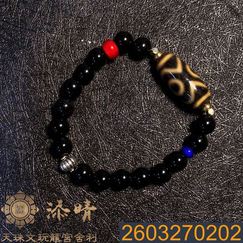 虎牙蓮花三眼天珠手鍊｜黑瑪瑙純銀琉璃｜招財避邪穩定情緒｜療癒系能量