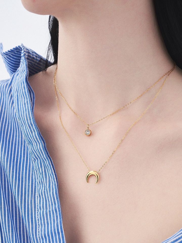 月亮與泡泡鑽石 雙層項鍊 Moon Necklace