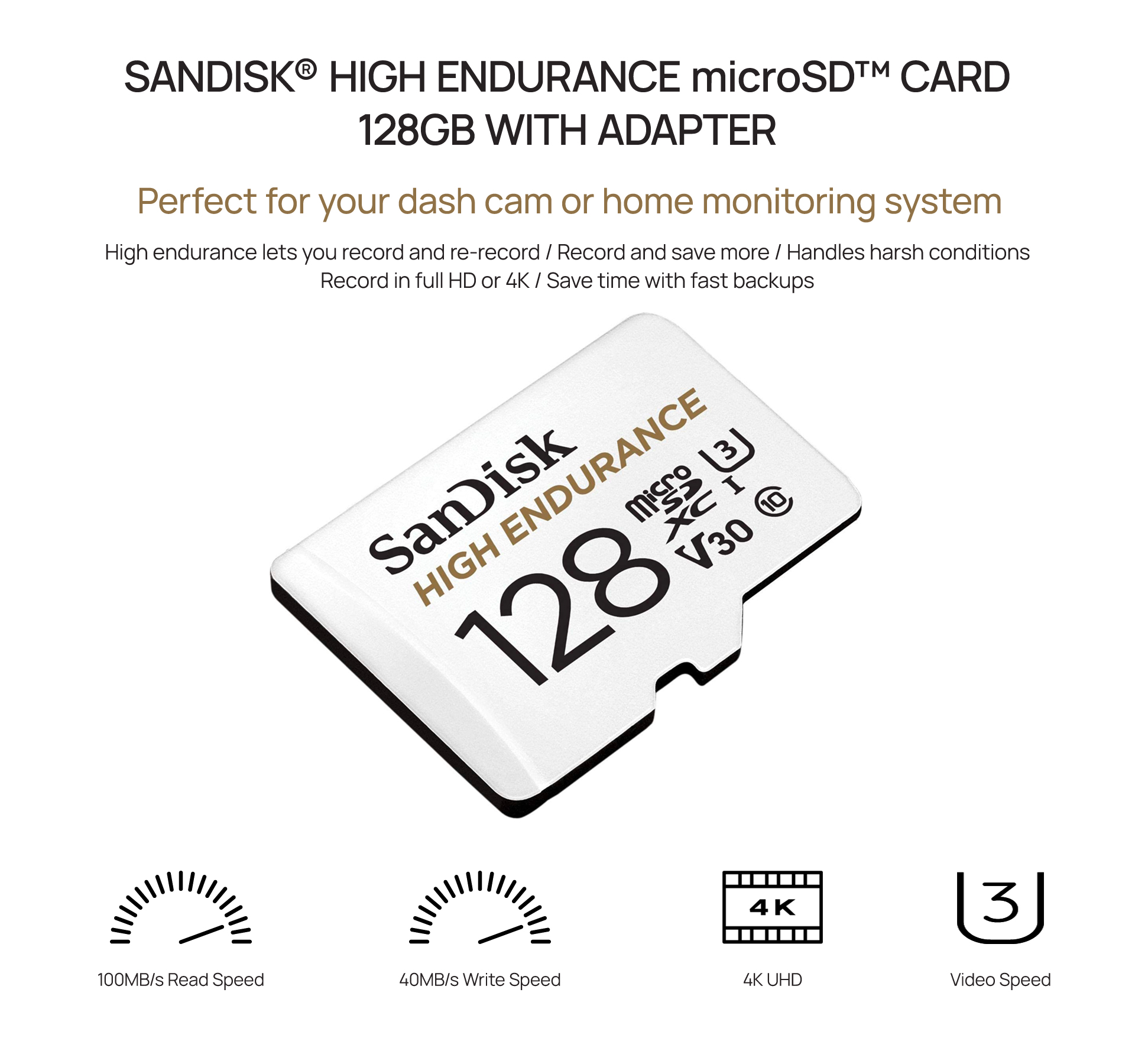 SanDisk 128GB High Endurance Video MicroSDXC Card with Adapter for Dash Cam  and Home Monitoring systems - C10, U3, V30, 4K UHD, Micro SD Card 