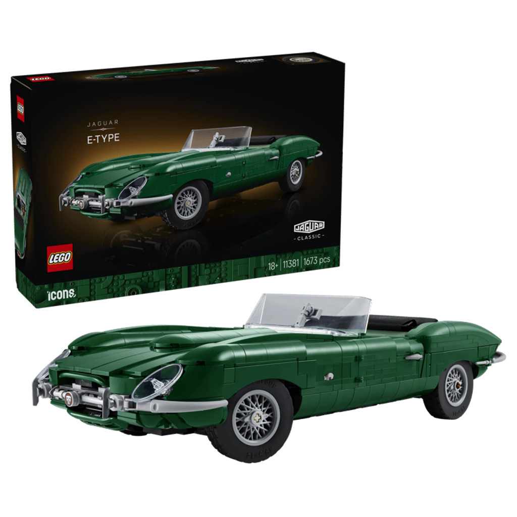 LEGO® Icons Jaguar E-Type box in the top left, with a built car model featuring 