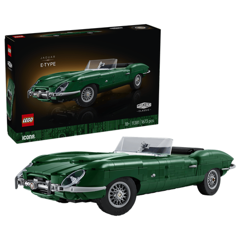 LEGO® Icons Jaguar E-Type box in the top left, with a built car model featuring 