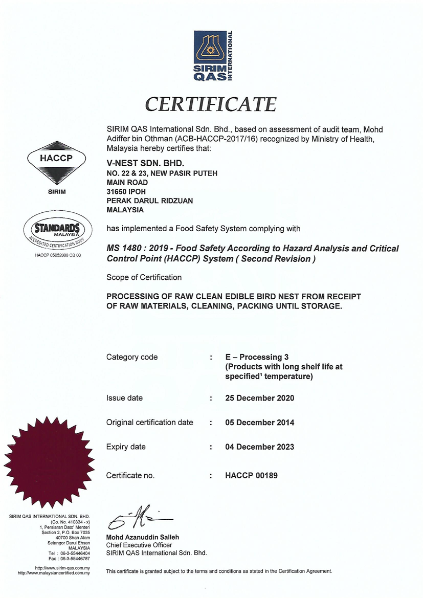 HACCP (MS 1480 2019) Certificate- SIRIM EX 041223
