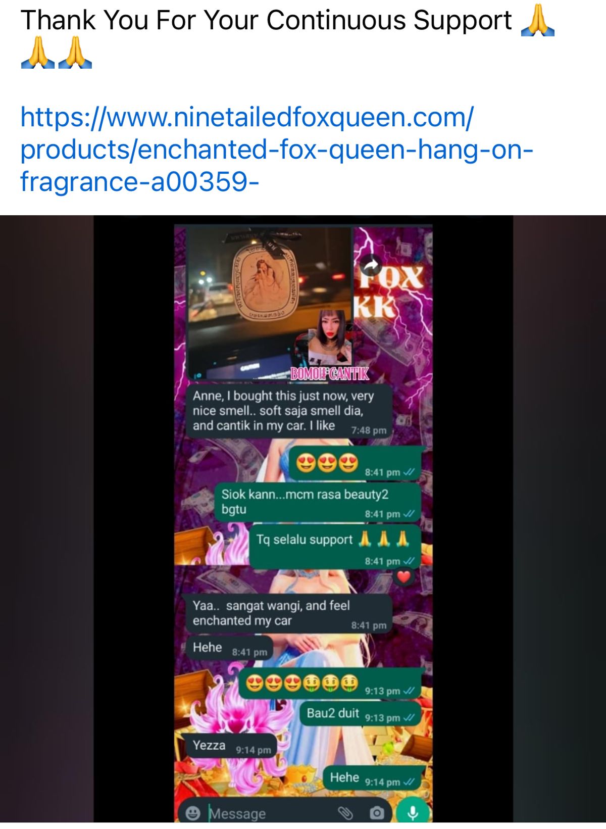 Testimonial - Enchanted Fox Queen Hang-on Fragrance 