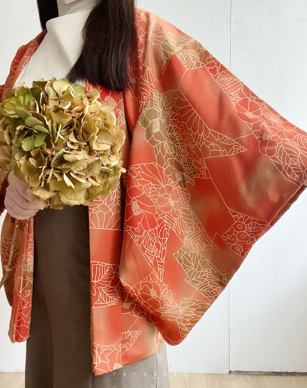 日本製和風幾何花朵印花橘紅漸層古著羽織和服外套-H188