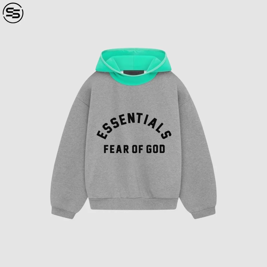 FEAR OF GOD ESSENTIALS - NYLON FLEECE HOODIE - DARK HEATHER OATMEAL/MINT LEAF (202SP244312F)