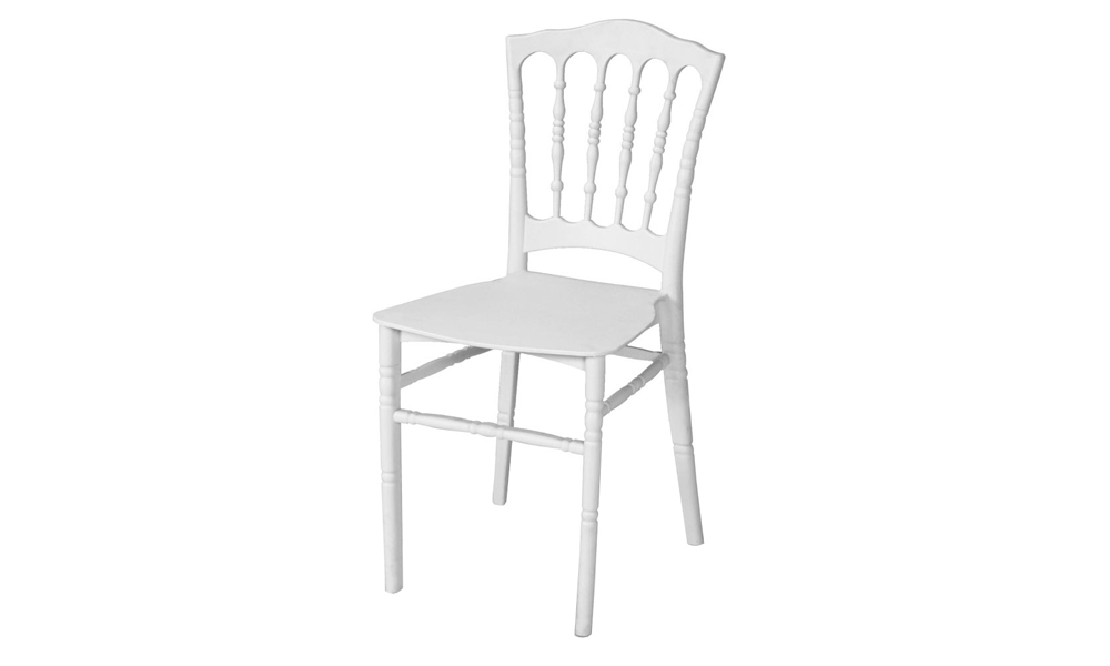 White plastic stackable dining chair