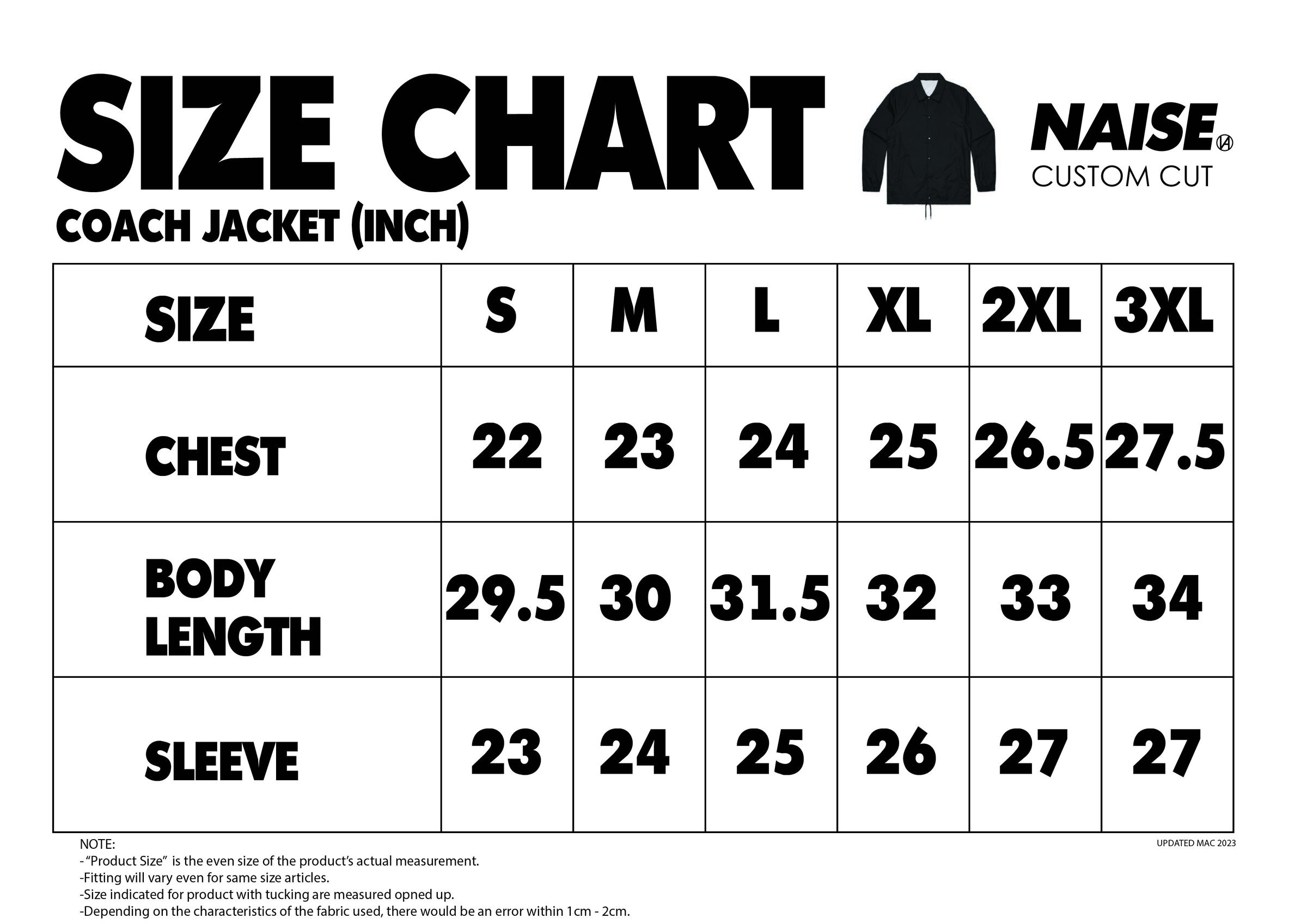 SIZE CHART COACH JACKET 2023 MUQRIE NOTE INCLUDED