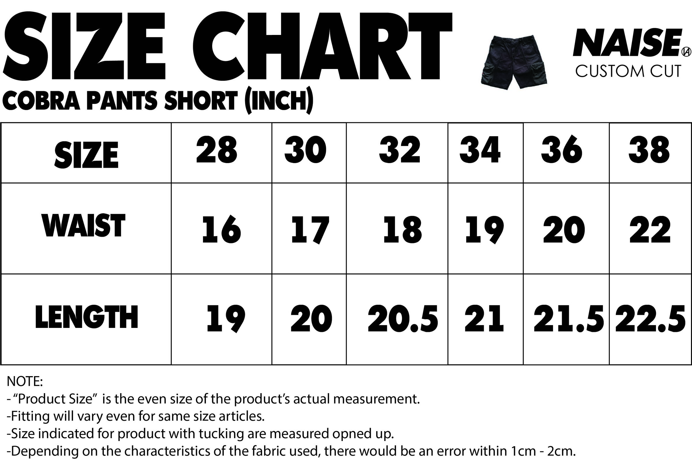SIZE CHART COBRA SHORT PANTS 2023 MUQRIE NOTE INCLUDED