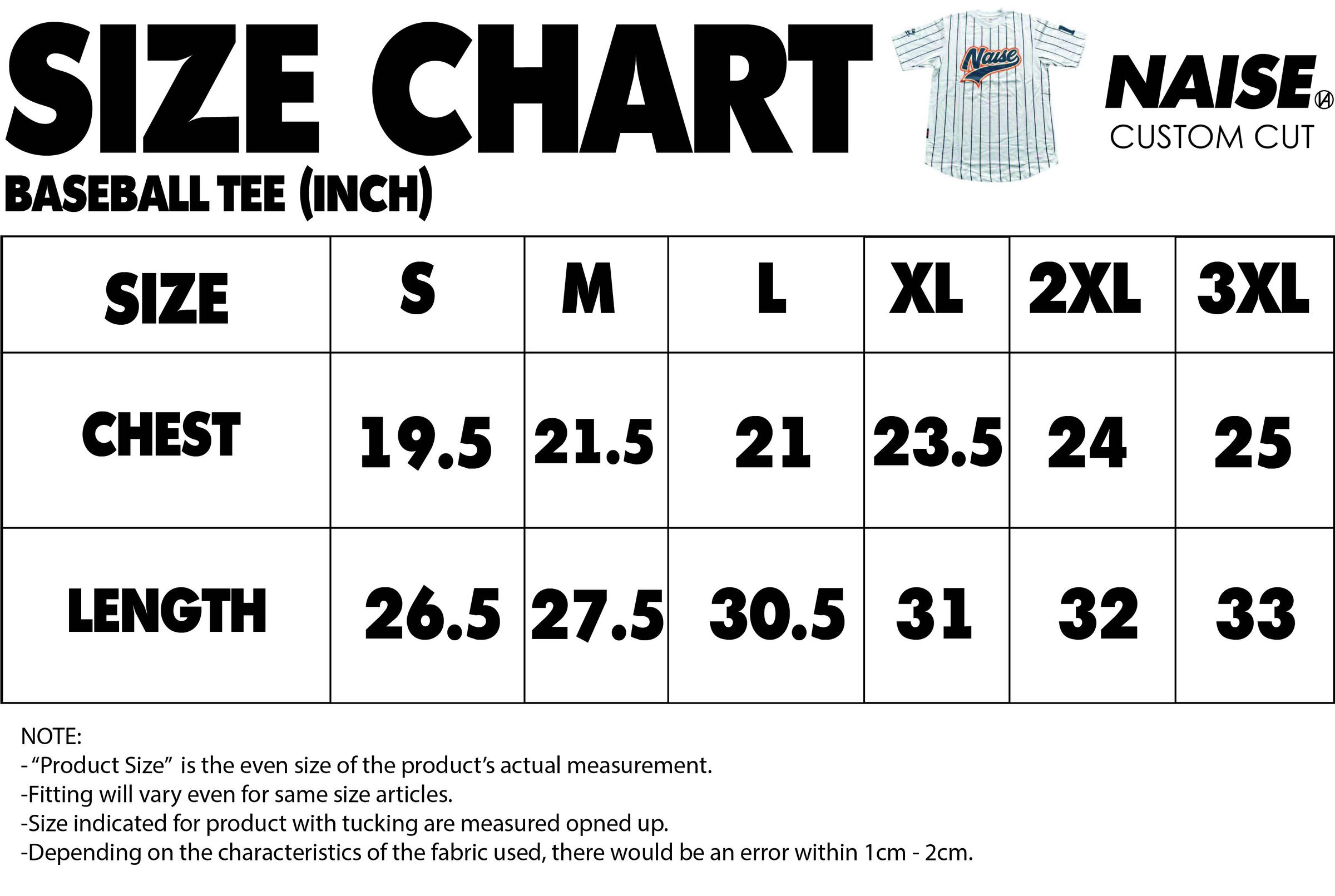 SIZE CHART BASEBALL TEE MUQRIE 2023 NOTE INCLUDED